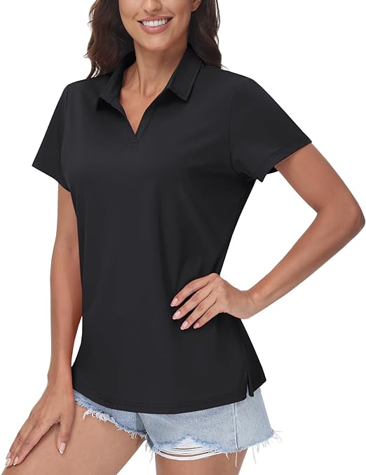 CRYSULLY Women' V-Neck Polo Shirts UPF 50  Collared Short Sleeve Quick Dry Lightweight Sun Protection Golf Shirts