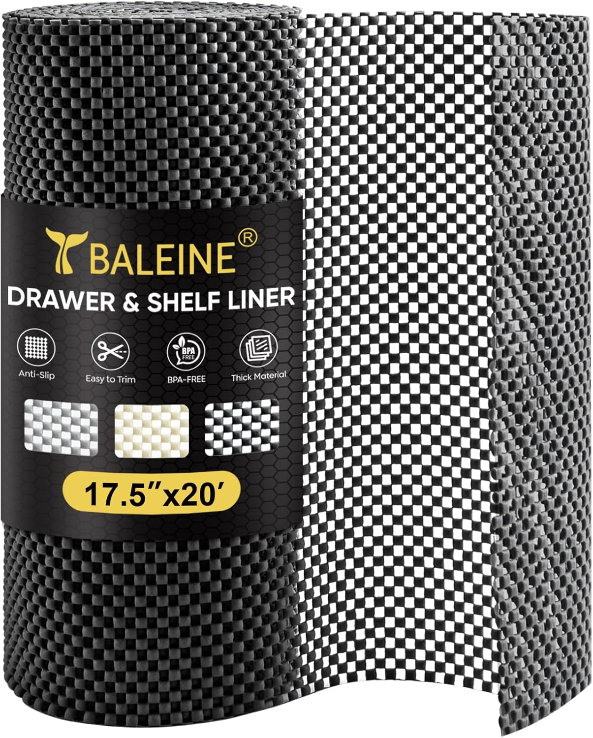 BALEINE Cabinet Liner, Drawer Liner, Shelf Liners for Kitchen Cabinets Non-Ahesive, Non-Slip Protect Desks, Cupboard, Drawers, Shelves, Tableware (17.5 in x 20 Ft, Black)