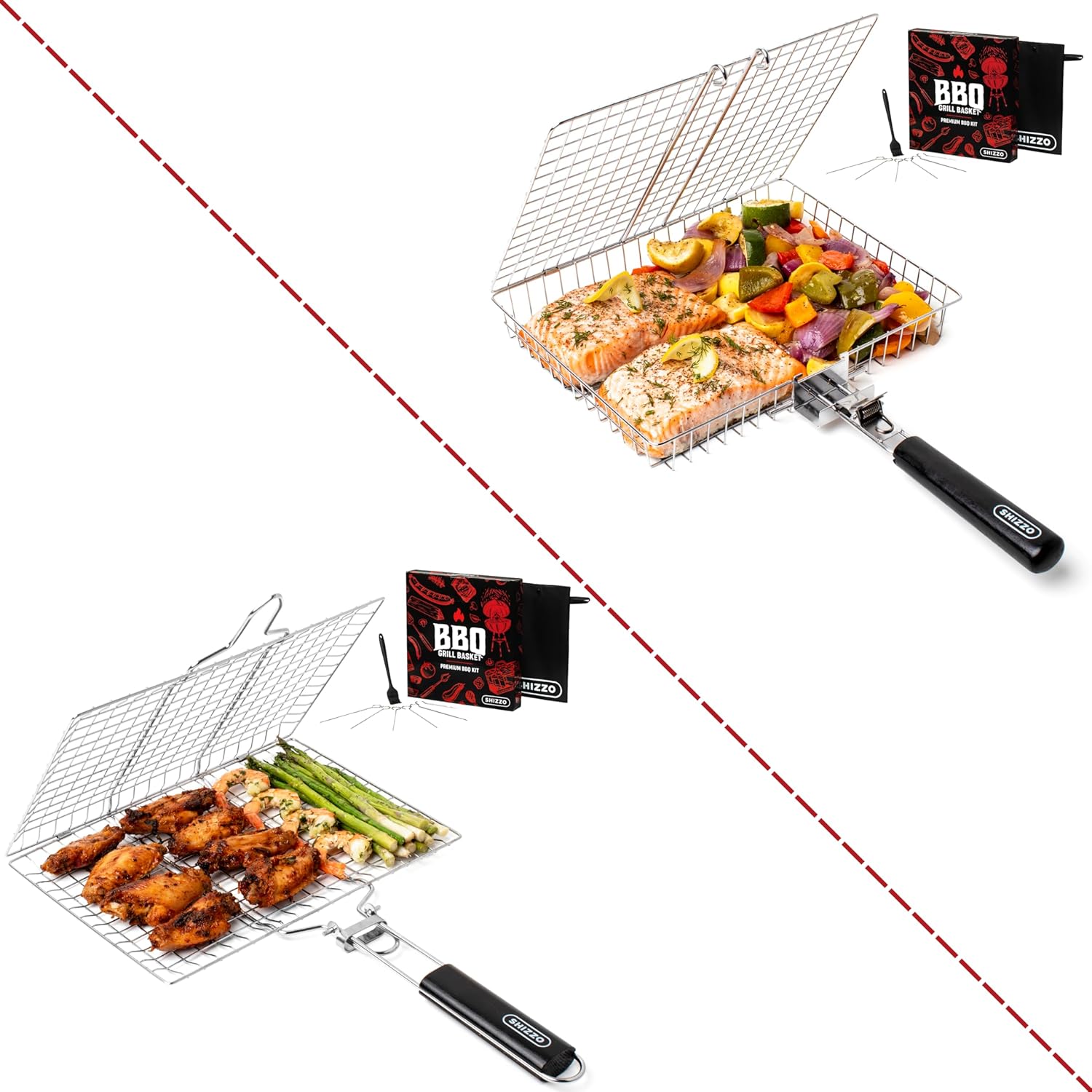 SHIZZO Dual Grill Basket Set for Perfectly Grilled Thick and Thin Foods, Grilling, BBQ, Steak, Burger, Bacon, Shrimp, Vegetables, Barbeque Griller Cooking Accessories