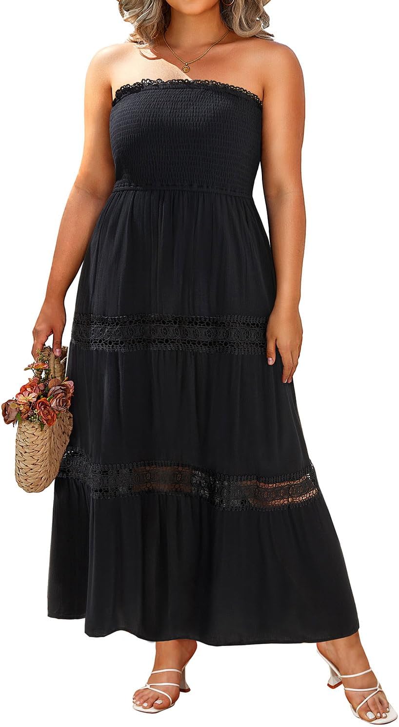 Women' Summer Maxi Dress Plus Size Strapless Tube Top Casual Beach Boho Smocked Long Flowy Sundress