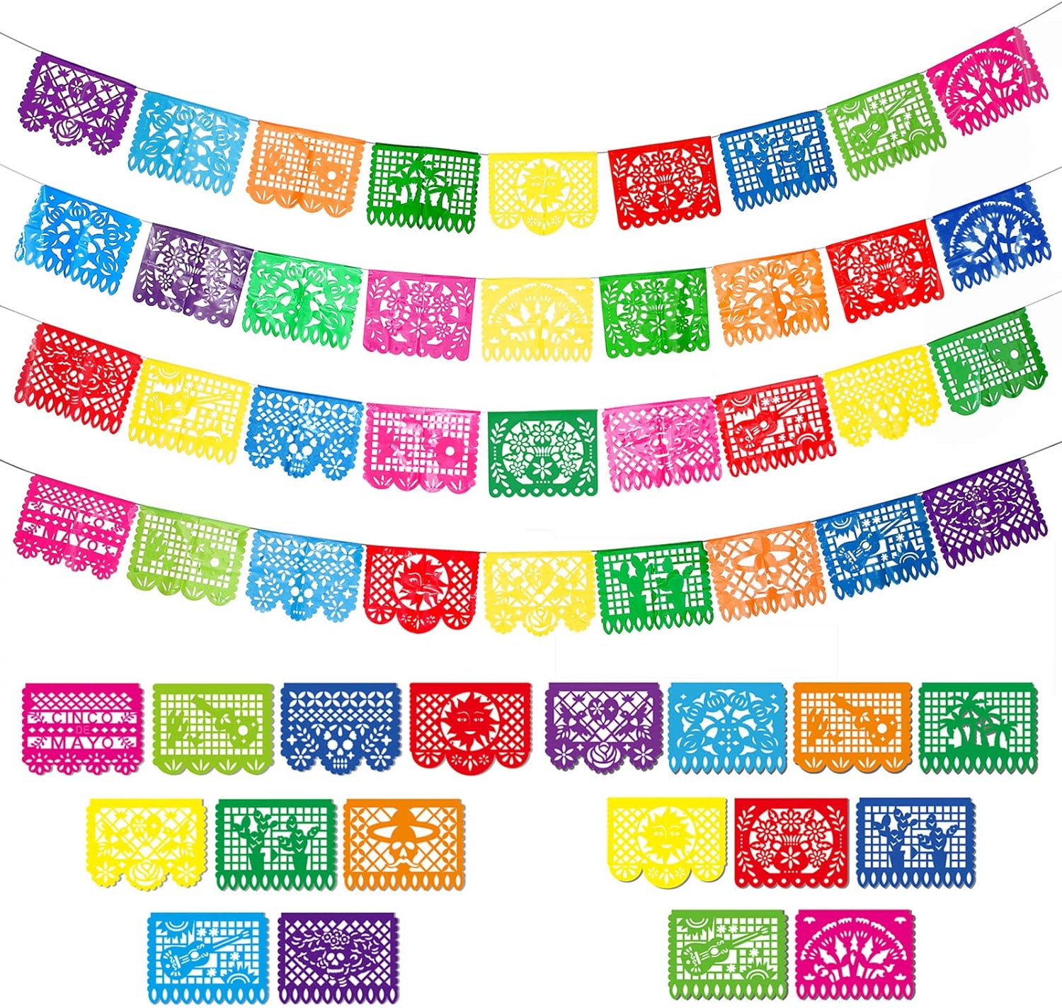 4 Packs Mexican Party Banner 60 Feet Fiesta Banner Plastic Papel Picado Banner Cinco de Mayo Dia De Los Muertos Decor Day of the Dead Decorations Mexican Fiesta Themed Party Decorations Supplies