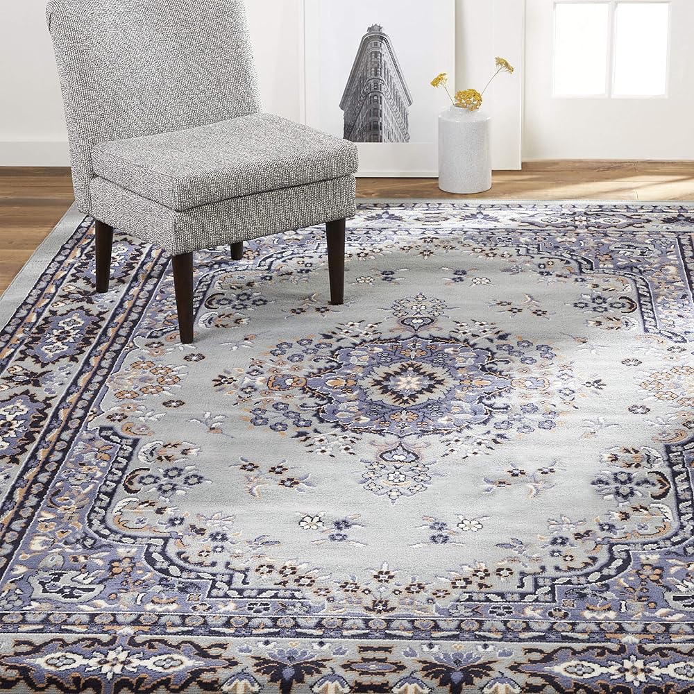 Home Dynamix Premium Sakarya Traditional Medallion Border Area Rug, Silver, 7'8"x10'7" Rectangle