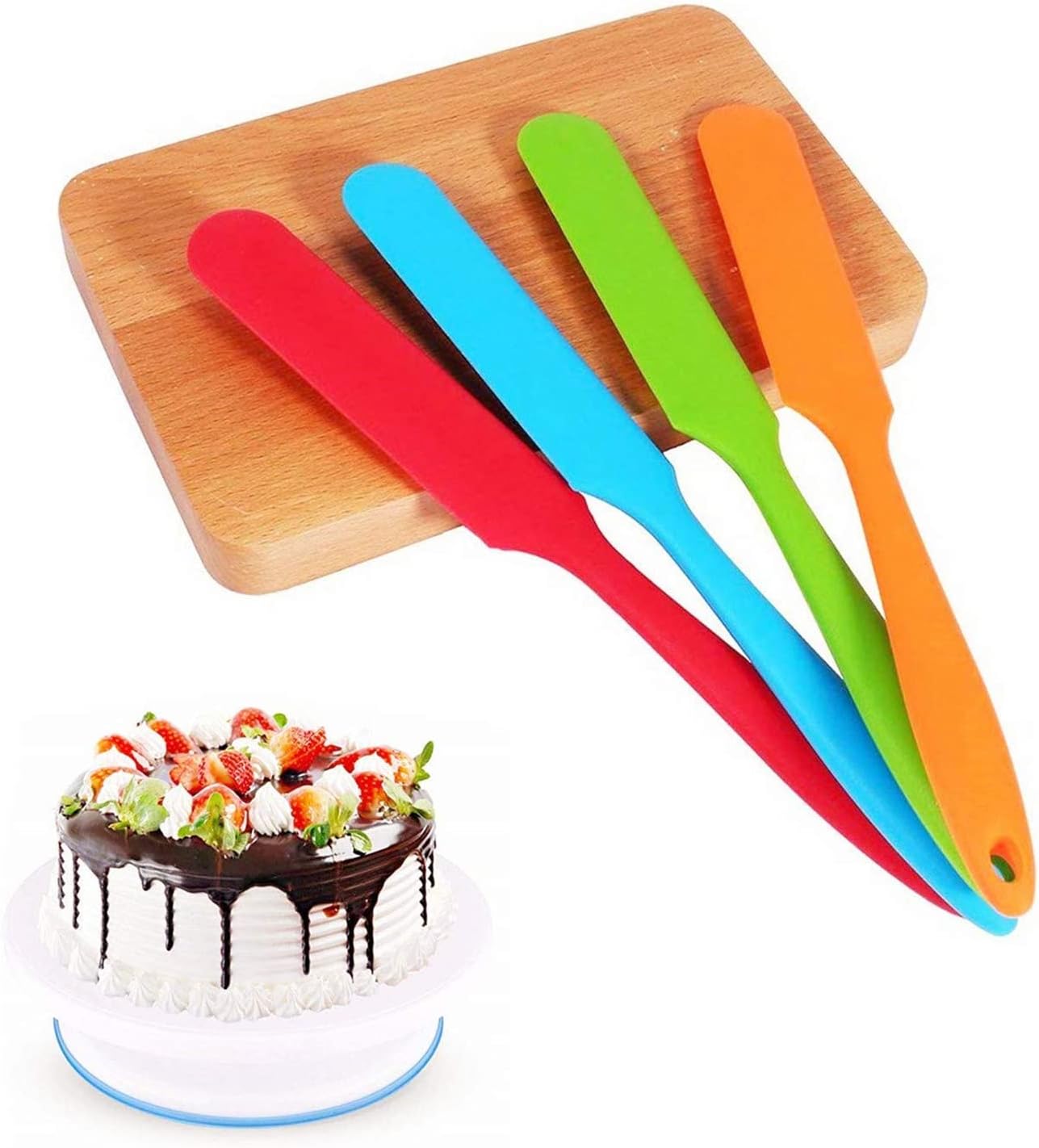 Silicone Spatula Set -450F Heat-Resistant Non Stick Cake Cream Butter Spatulas Mixing Batter Scraper Brush Silicone Baking Spoon Cook Tool Multicolor 4-Pieces