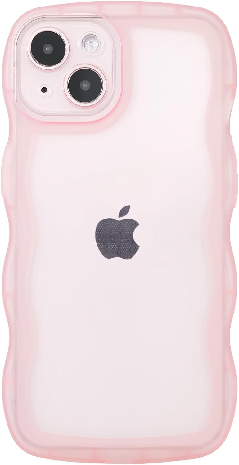 Compatible with iPhone 13 Case 6.1 2021, Cute Kawaii Curly Wave Frame Shape Soft Silicone Shockproof Protective Phone Cover for Women Girls, Clear/Pink