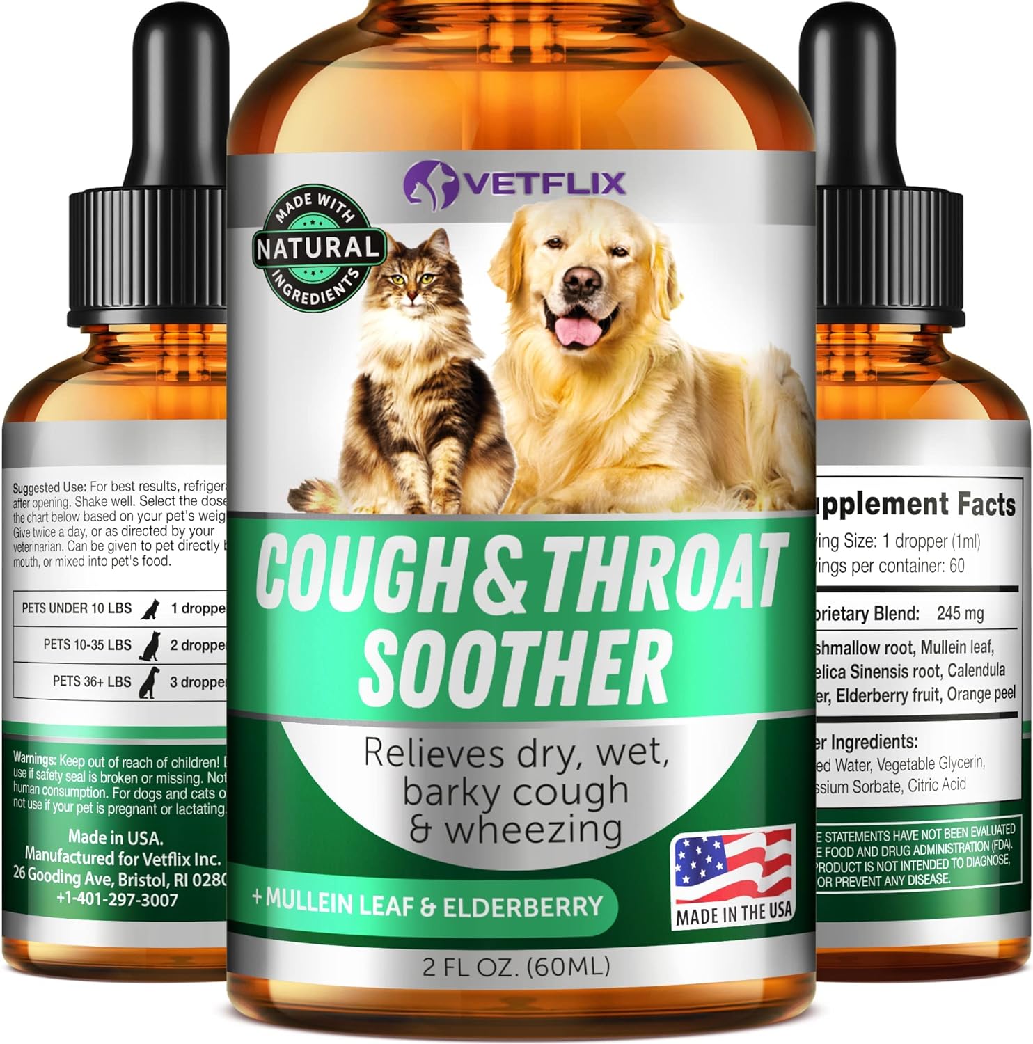 Kennel Cough, Allergy Relief & Natural Respiratory Support - Throat Soother Supplement for Dogs and Cats - Made in USA - Mullen Leaf & Elderberry Blend - Easy Add to Food - 2 Fl.Oz.