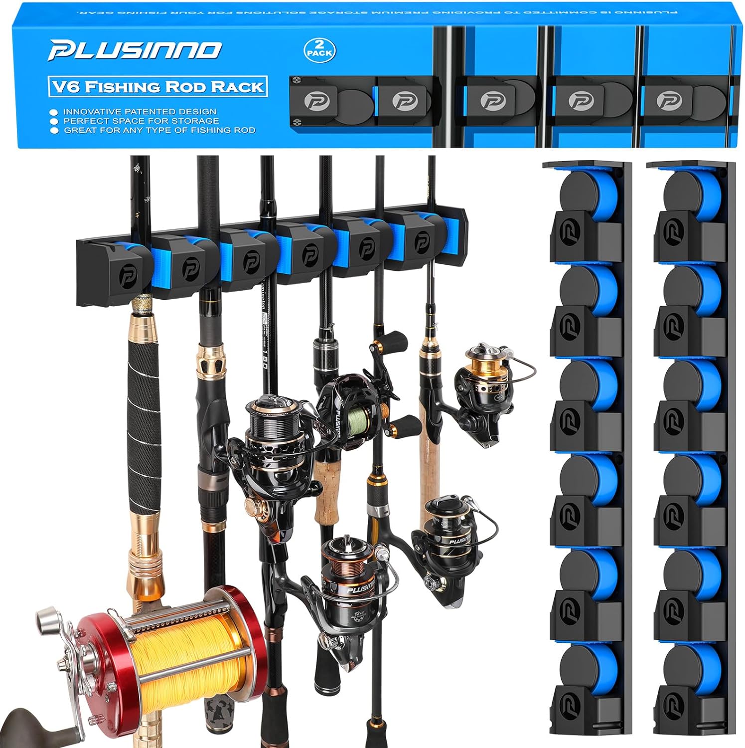 PLUSINNO Fishing Gifts for Men - V6 Vertical Fishing Rod/Pole Holders, Support Extra Large & Heavy Fishing Rod Combos, Fishing Rod Holders for Garage, Wall Mounted Fishing Rod Rack Storage