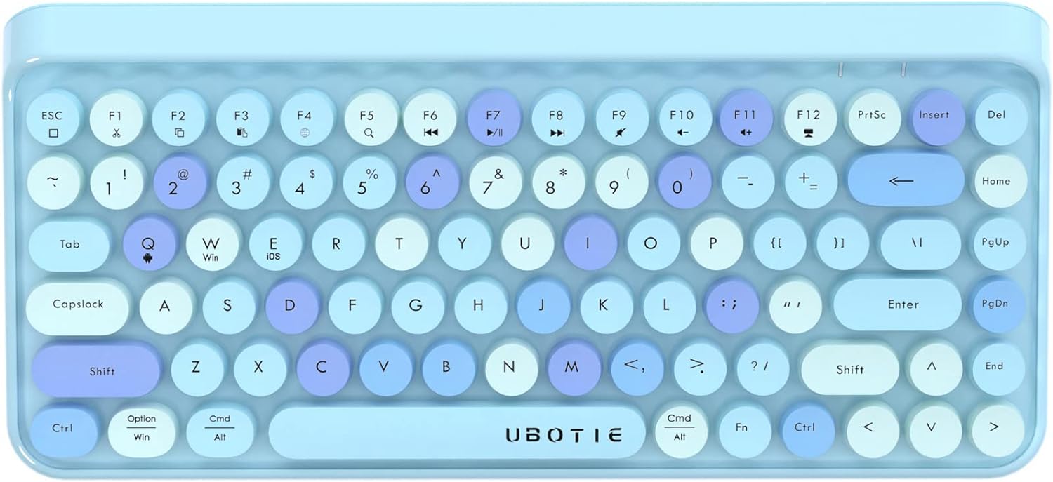 UBOTIE Portable Bluetooth Colorful Computer Keyboards, Wireless Mini Compact Retro Typewriter Flexible 84Keys Design Keyboard (Blue-Colorful)