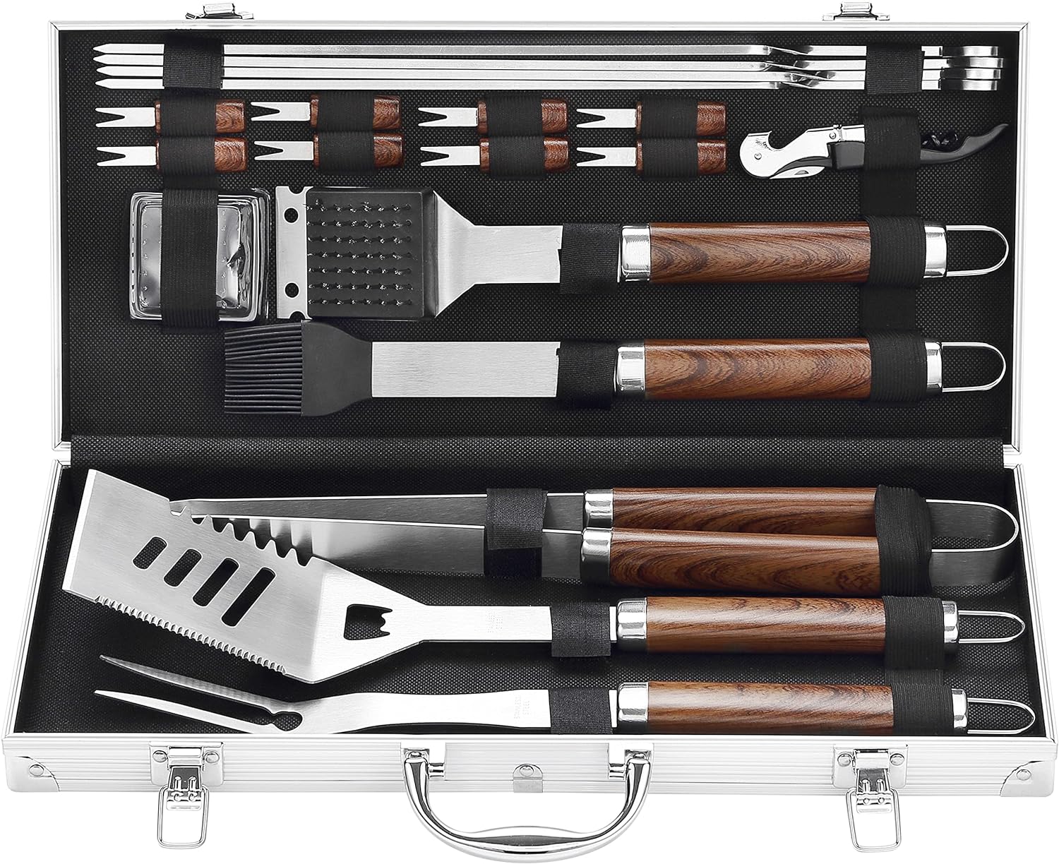 grilljoy 20PCS Heavy Duty BBQ Grill Tools Set - Extra Thick Stainless Steel Spatula, Fork& Tongs. Complete Barbecue Accessories Kit in Aluminum Storage Case - Perfect Grill Gifts for Men