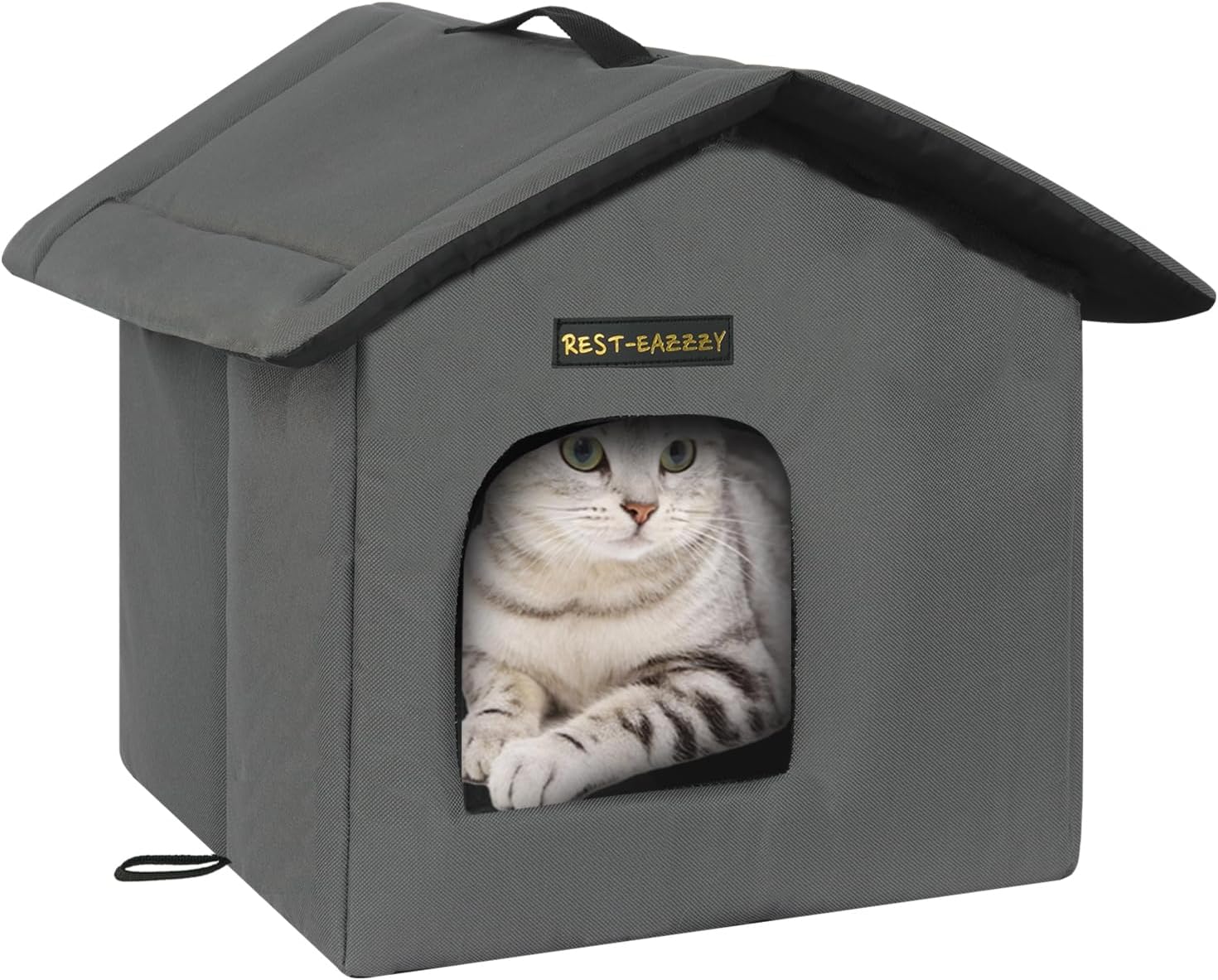 Rest-Eazzzy Cat House for Outdoor Cats, Weatherproof and Insulated Feral Cat House with Mat and Clip, Easy to Put Together, Selfwarming Cat Shelter for Winter(Grey, Waterproof House-S)