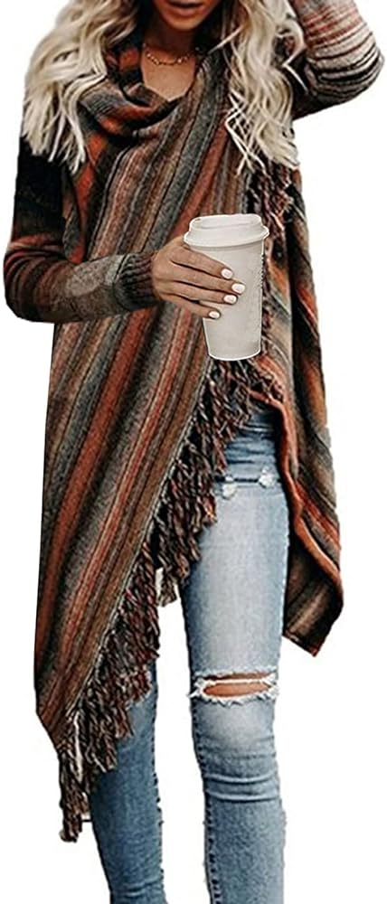 Women&#39;s Open Front Knited Tassels Slash Loose Cardigan Crew Neck Speckled Fringe Sweater Outwear