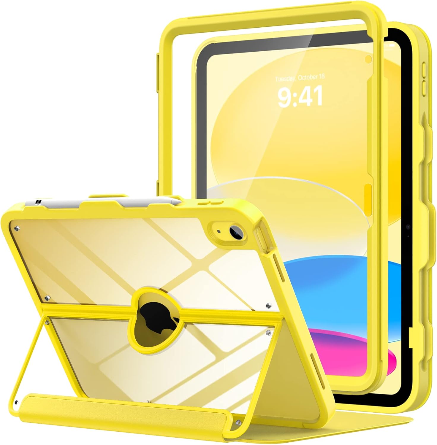 MoKo for iPad 10th Generation Case with Pencil Holder, iPad Case 10th Generation 2022 10.9, Built-in Screen Protector Clear Back, Stain Resistant Multi Angle Viewing Stand, Auto Wake/Sleep, Yellow