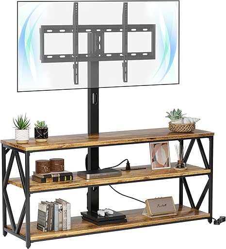 Furmax TV Stand with Mount and Power Outlet, Universal Height Adjustable Swivel TV Stand Mount for Up to 75 Inch TVs, Entertainment Center with Storage Shelves for Living Room, Rustic Brown