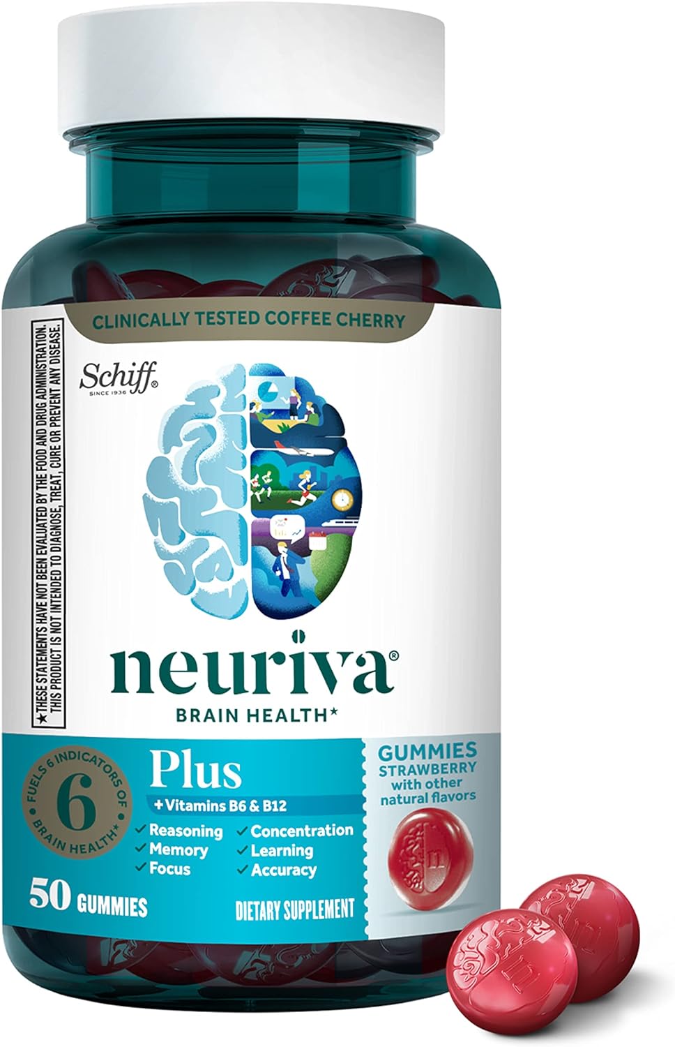 NEURIVA Plus Brain Supplement for Memory,Focus & Concentration Cognitive Function with Vitamins B6 & B12 and Clinically Tested Nootropics Phosphatidylserine and Neurofactor,50ct Strawberry Gummies