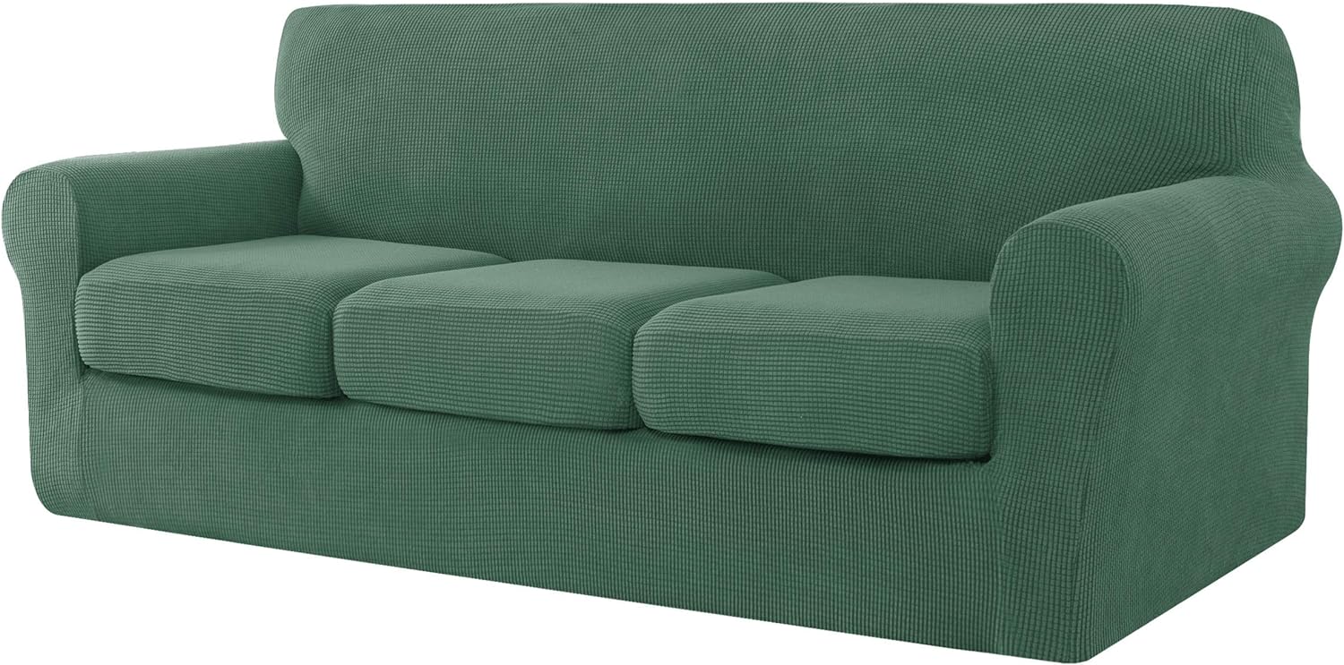 CHUN YI 4 Pieces Stretch Sofa Cover for 3 Seater Couch, Washable Soft Sofa Slipcover with 3 Separate Seat Cushion Covers for Dogs, Checks Spandex Jacquard Fabric, Large, Dark Cyan