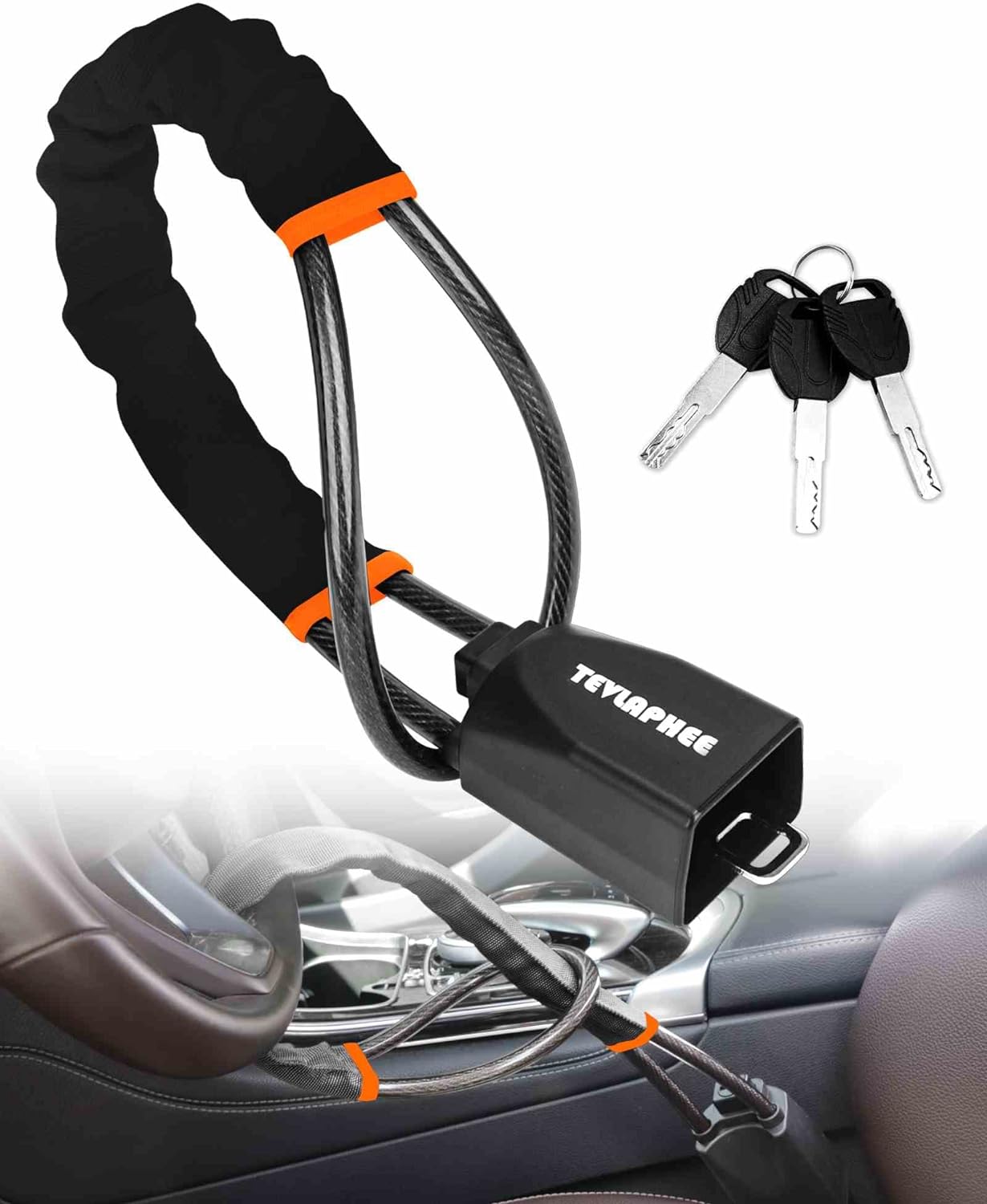 Tevlaphee Steering Wheel Lock Seat Belt Universal Anti Theft Car Device Prevention with 3 Keys for Security Fit Most Vehicles Truck SUV Van(Black)