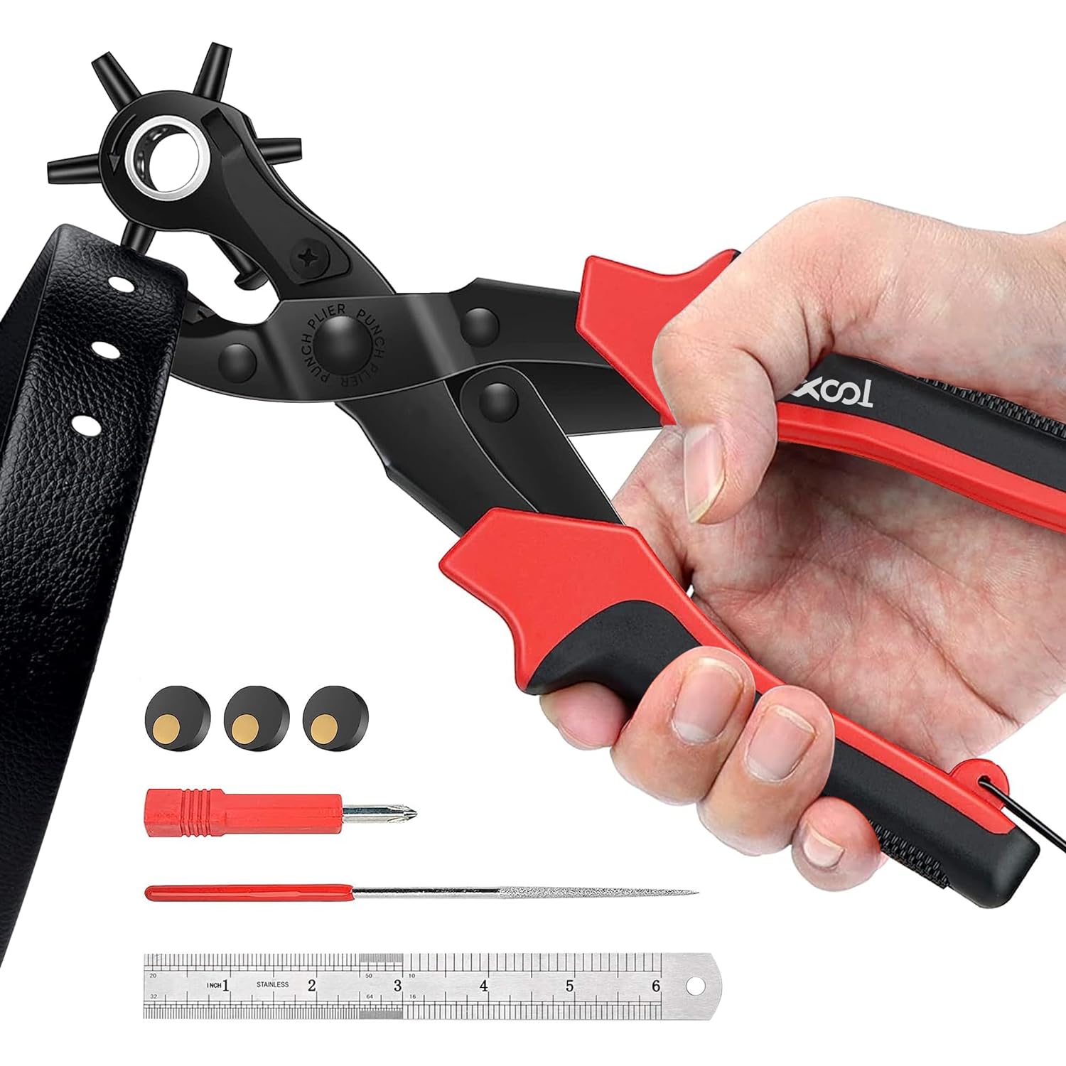 Revolving Punch Plier Kit, XOOL Leather Hole Punch Set for Belts, Watch Bands, Straps, Dog Collars, Saddles, Shoes, Fabric, DIY Home or Craft Projects, Heavy Duty Rotary Puncher, Multi Hole Sizes Make