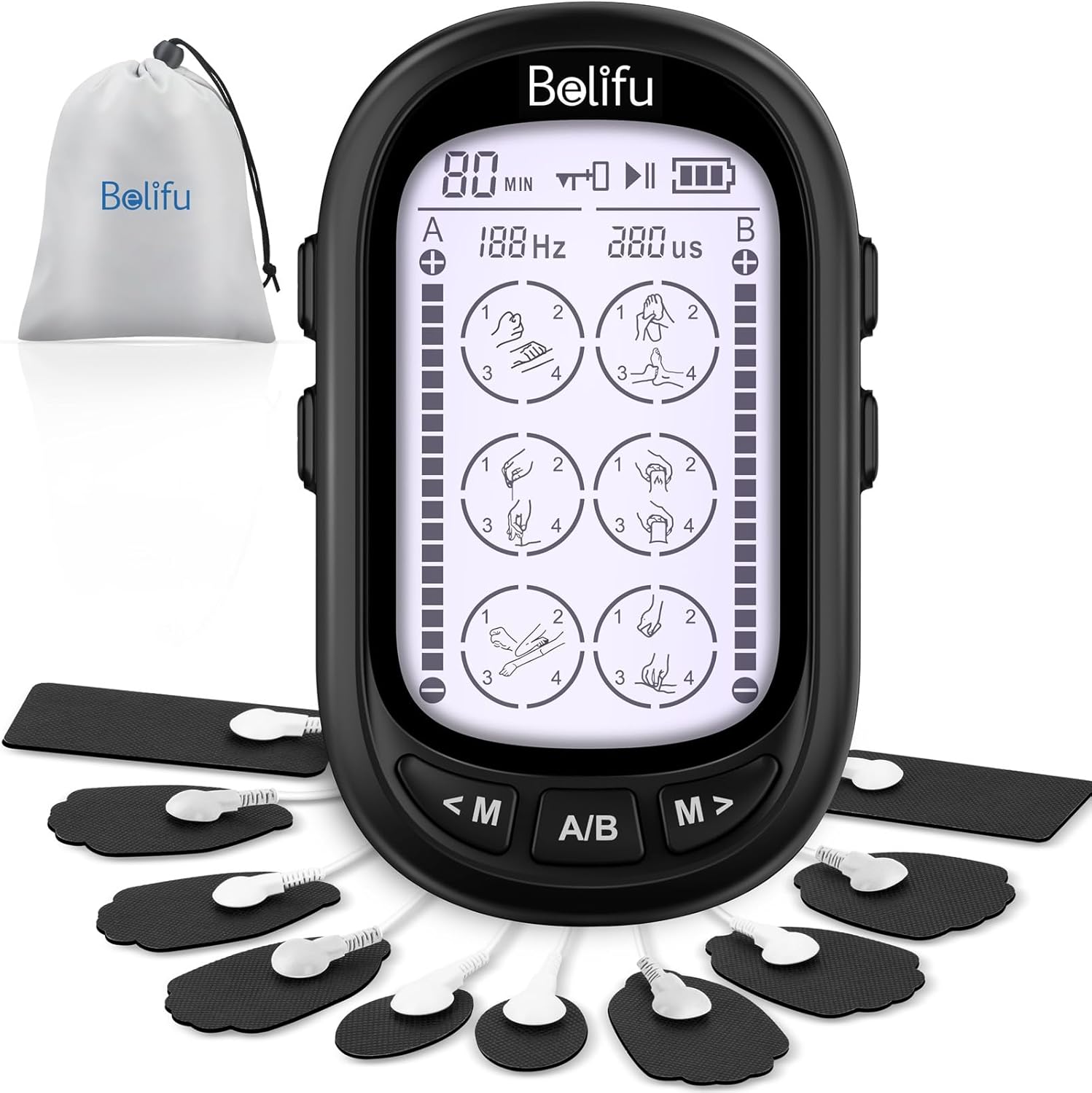 Belifu Dual Channel TENS EMS Unit, [Upgraded] Large Screen Muscle Stimulator TENS Machine for Pain Relief Therapy, 24 Modes, 36 Levels Intensity Electronic Pulse Massager Muscle Massager with 10 Pads