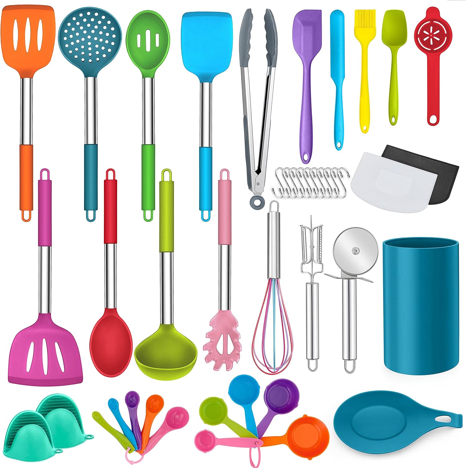 LIANYU 43 Pcs Silicone Kitchen Cooking Utensils with Holder, Heat Resistant Spatula Set with Stainless Steel Handle, Kitchen Cooking Gadgets Tools for Nonstick Cookware Set, Colorful