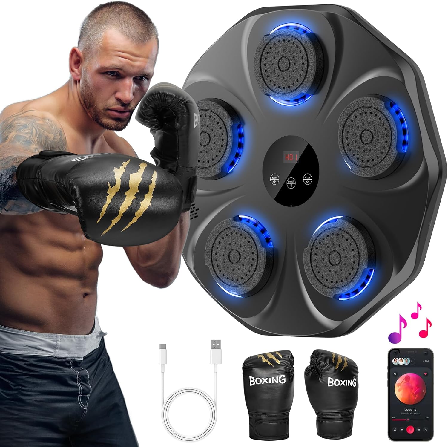 Music Boxing Machine with Boxing Gloves, Wall Mounted Smart Bluetooth Music Boxing Trainer, Electronic Boxing Target Workout Punching Equipment for Home, Indoor and Gym