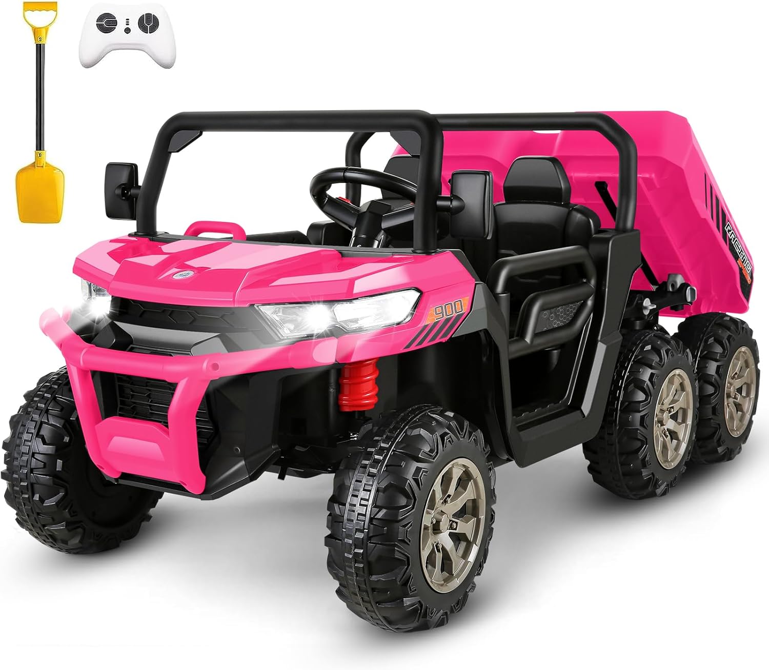 Hikole 2 Seater Ride on UTV for Kids, 24V 6x6 4WD Electric Kids Car Truck with Remote Control, 6 Wheeler, Dump Bed, Music-24 Volt Ride On Toys for Big Kids Boys Girls 4-8 w/6 Spring Suspension, Pink