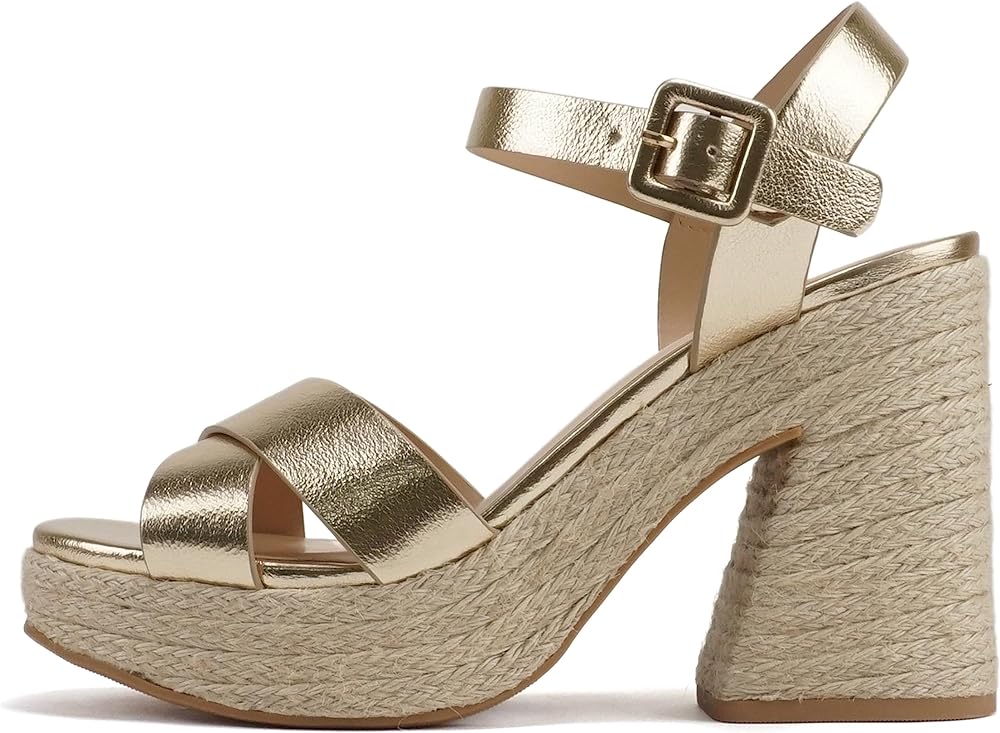 Soda NOBLE ~ Women Open Square Toe Crisscross Band Ankle Strap High Heel Espadrille Notch Wedge Sandal