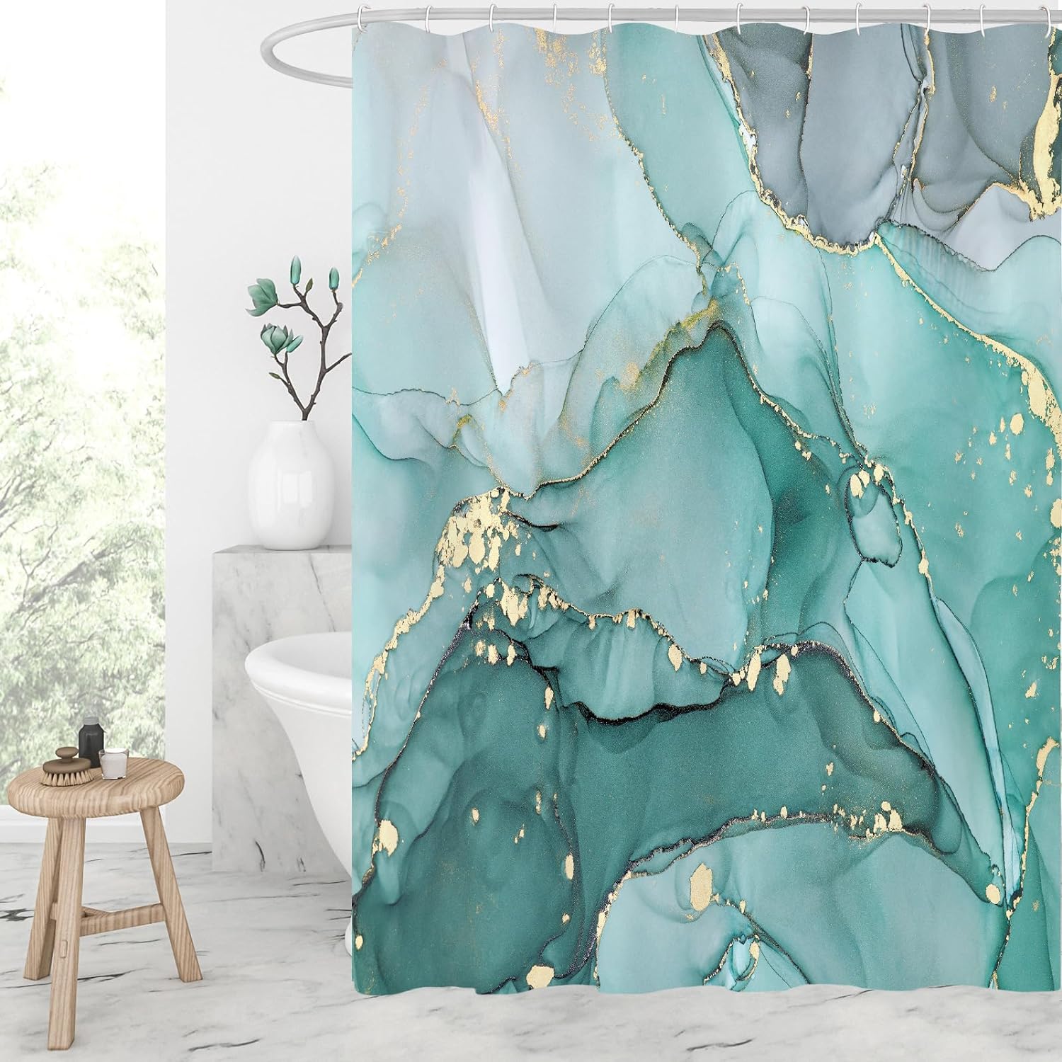 Gibelle Abstract Teal Marble Shower Curtain, Turquoise Marble Shower Curtain for Bathroom, Modern Ink Art Decor Waterproof Fabric Shower Curtain Set with Hooks, 72x72