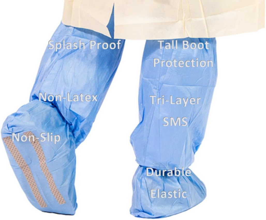 Tri-Layer SMS 18 Tall Heavy Duty Disposable Medical Grade Boot and Shoe Covers Non-Slip Protectors - Protect from Water, Fluids, Dust, Dirt, Mud, Snow, Sand, Grass, and other Mess! (10 Pairs)