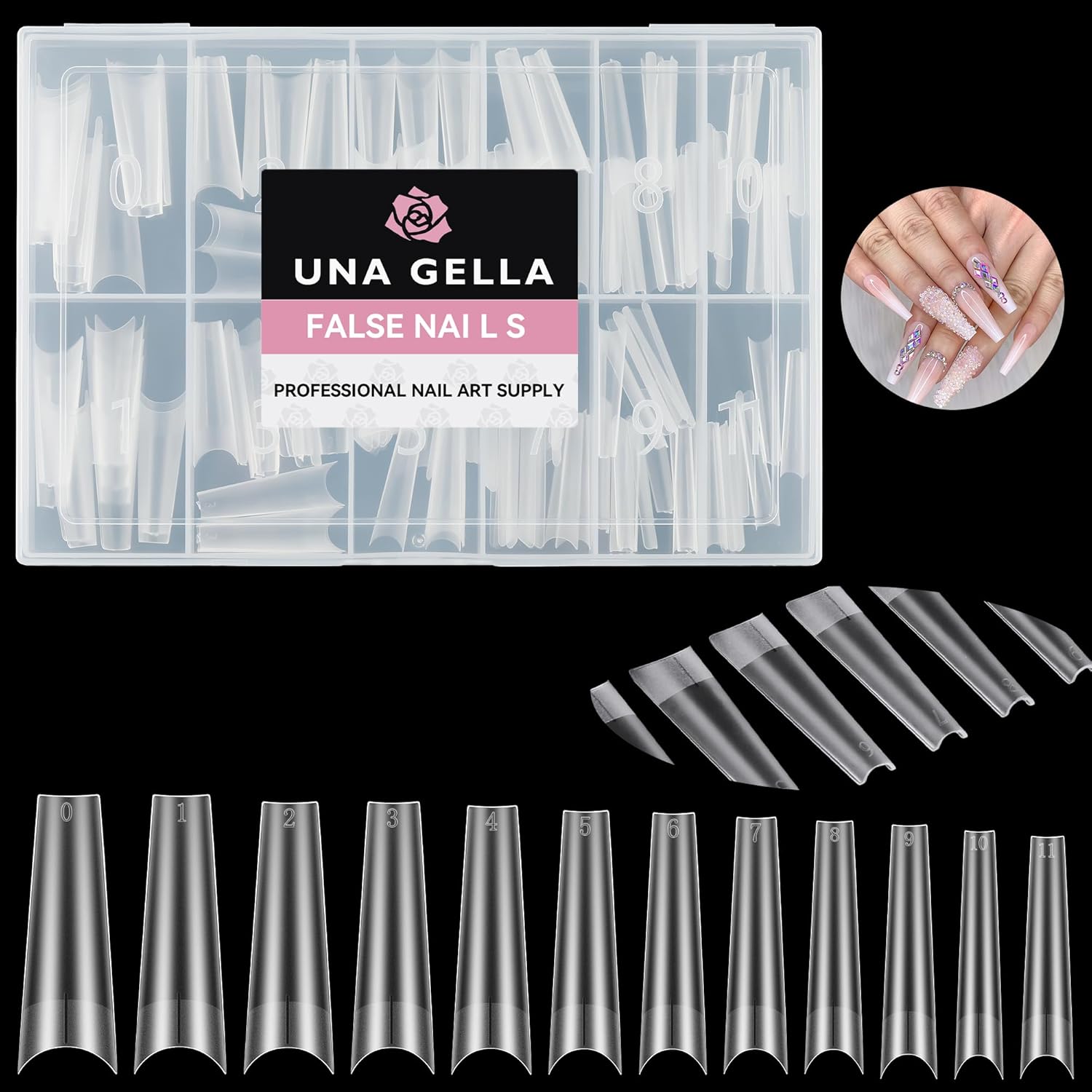 UNA GELLA Extra Long Coffin Fake Nails 120pcs Double Side Pre-shape Gel Acrylic XL Nail Tips for Half Cover Nail Extension Home DIY Nail Salon 12 Sizes Gelly Tips