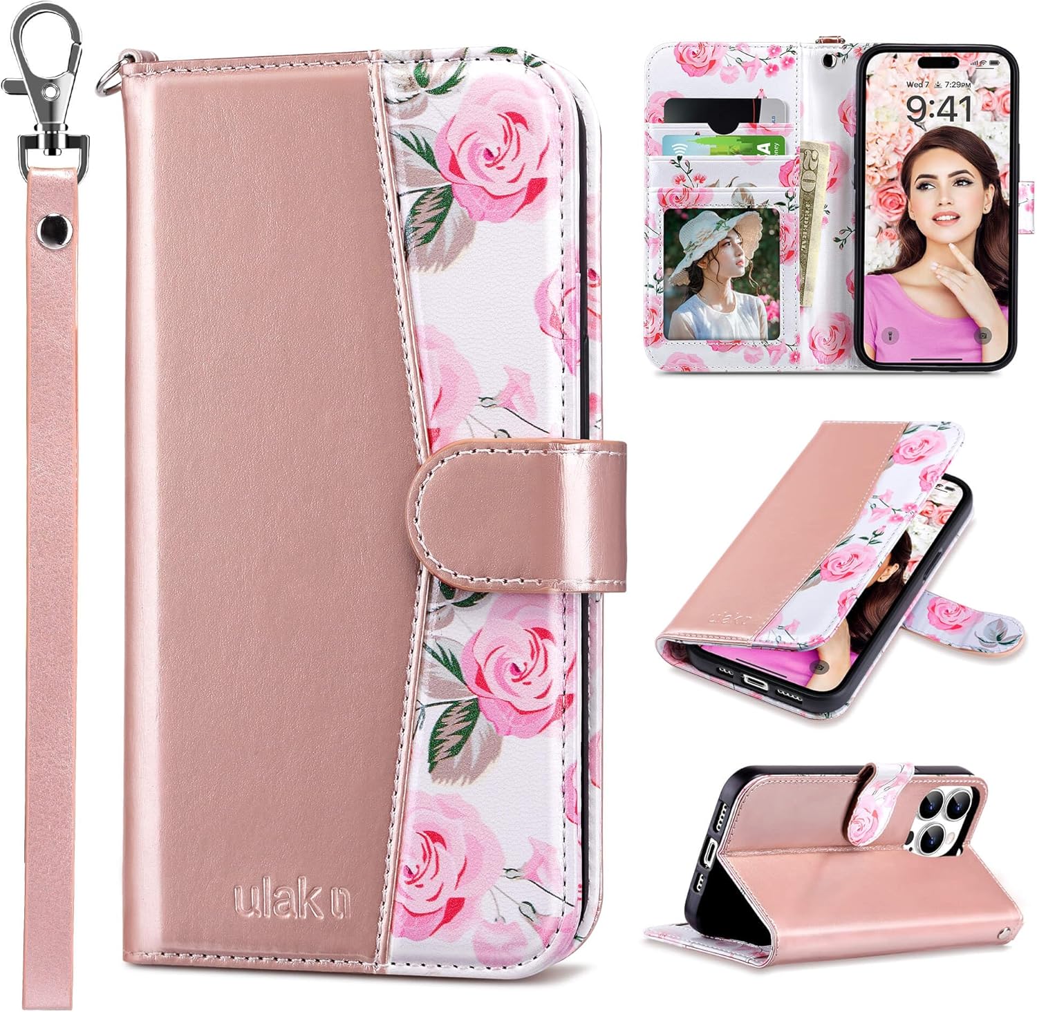 ULAK Compatible with iPhone 15 Pro Wallet Case with Card Holder, Flower Flip Case Wallet for Women Girls PU Leather Kickstand Wrist Strap Shockproof Phone Cover for iPhone 15 Pro 6.1'', Rose Gold