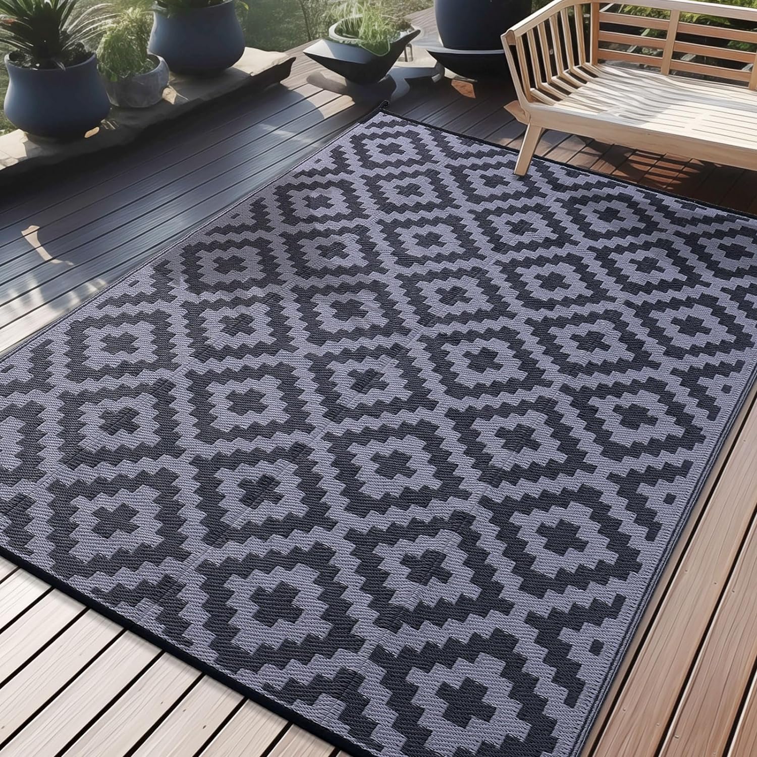 OLANLY Waterproof Outdoor Rug 6x9 ft, Reversible Plastic Straw Patio Rug for Camping, RV Mat Outside, Indoor Outdoor Carpet for Porch, Deck, Backyard, Camper, Balcony, Picnic, Black & Grey