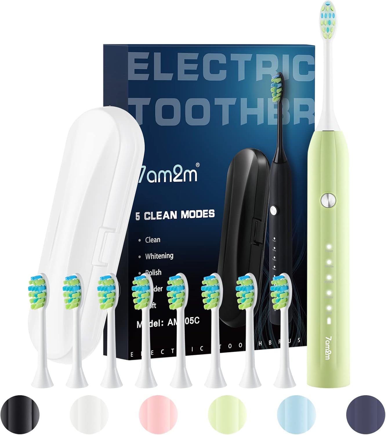 7AM2M Sonic Electric Toothbrush for Adults and Kids, with 6 Brush Heads, 5 Modes with 2 Minutes Build in Smart Timer, Roman Column Handle Design (Light Green, with Travel Case)