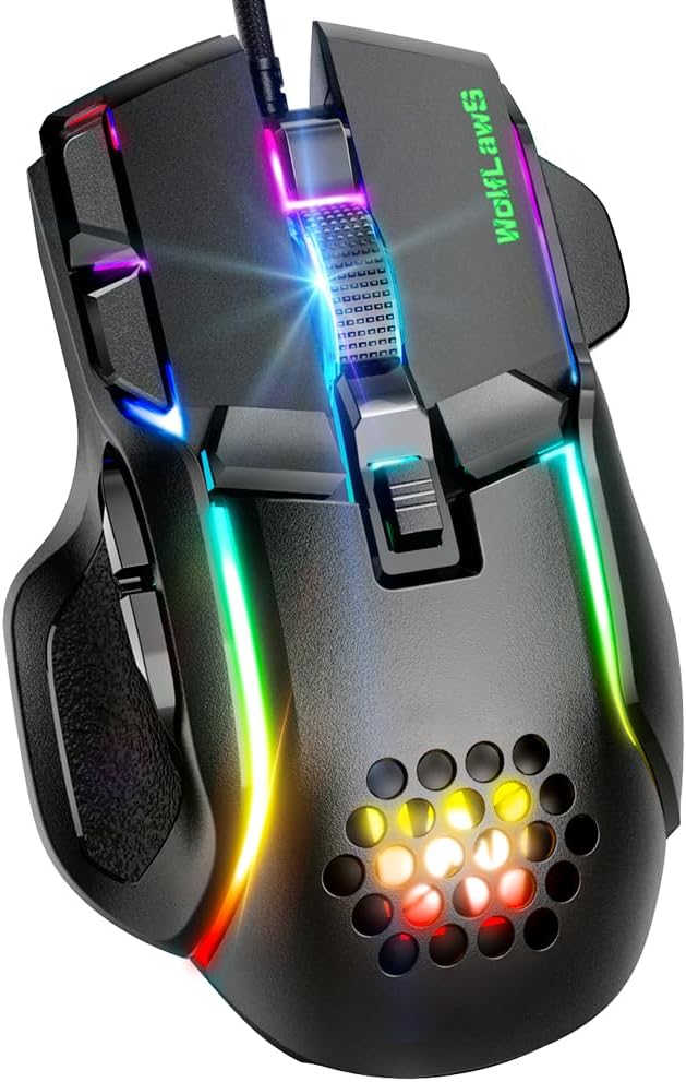 Hey there, fellow Amazon shoppers! Today, I want to share my thoughts on the WolfLawS Gaming Mouse, a computer mouse designed for gamers with its 12 RGB backlit and impressive 12800 DPI capabilities.First off, let' talk about the features and specifications. This wired gaming mouse boasts a high-precision optical sensor that offers 6 adjustable DPI levels, ranging from 1200 to a whopping 12800. Along with that, you have the freedom to choose from 4 polling rates: 125Hz, 250Hz, 500Hz, and 1000Hz