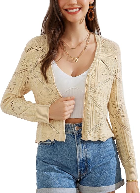 GRACE KARIN Women Crochet Cropped Cardigan Casual Elegant Lightweight Button Sweater Long Sleeve Hollowed-Out Shrug Tops