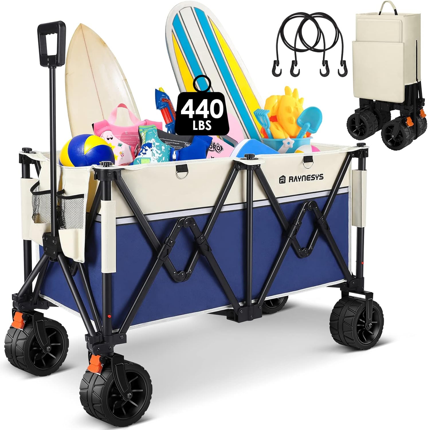 Beach Wagon Carts with Big Wheels for Sand, Raynesys 440 lbs Heavy Duty Foldable Wagon with 200L Capacity, All Terrain Utility Wagon, Beige+Blue