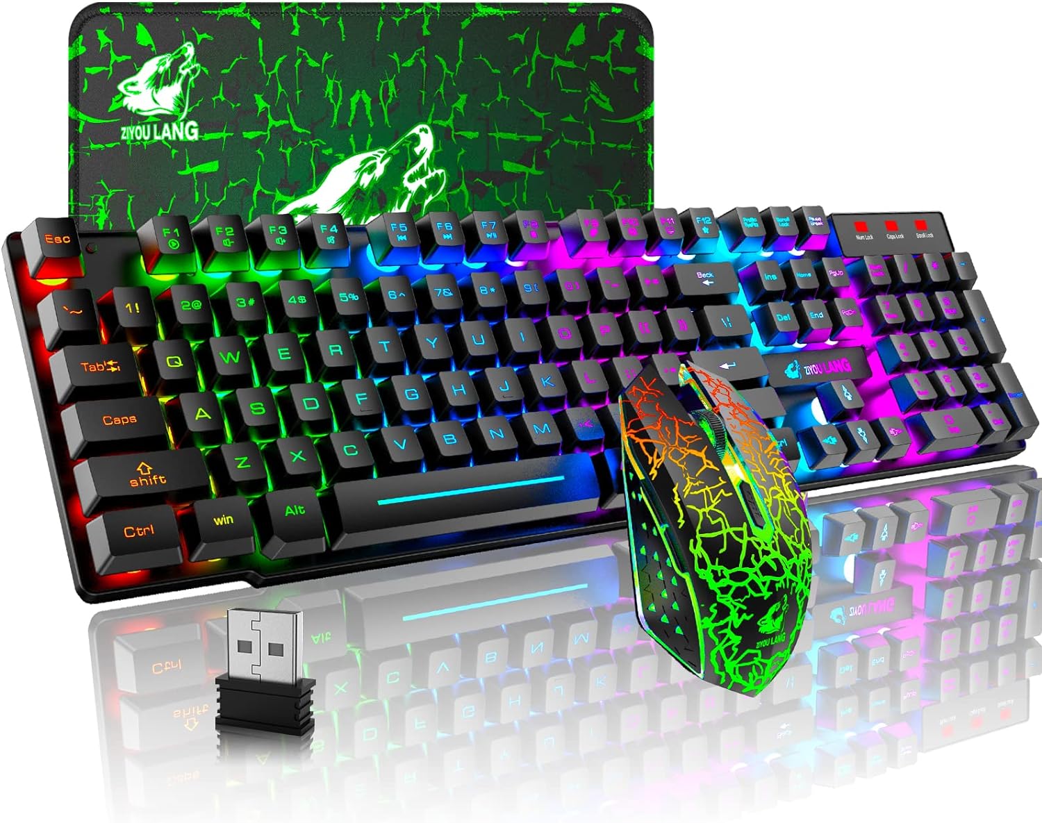 Wireless Gaming Keyboard and Mouse Combo Rainbow Backlight Quiet Ergonomic Mechanical Feeling Anti-ghosting Keyboard Mouse with Rechargeable 4000mAh Battery Mouse Pad for Computer Mac Gamer