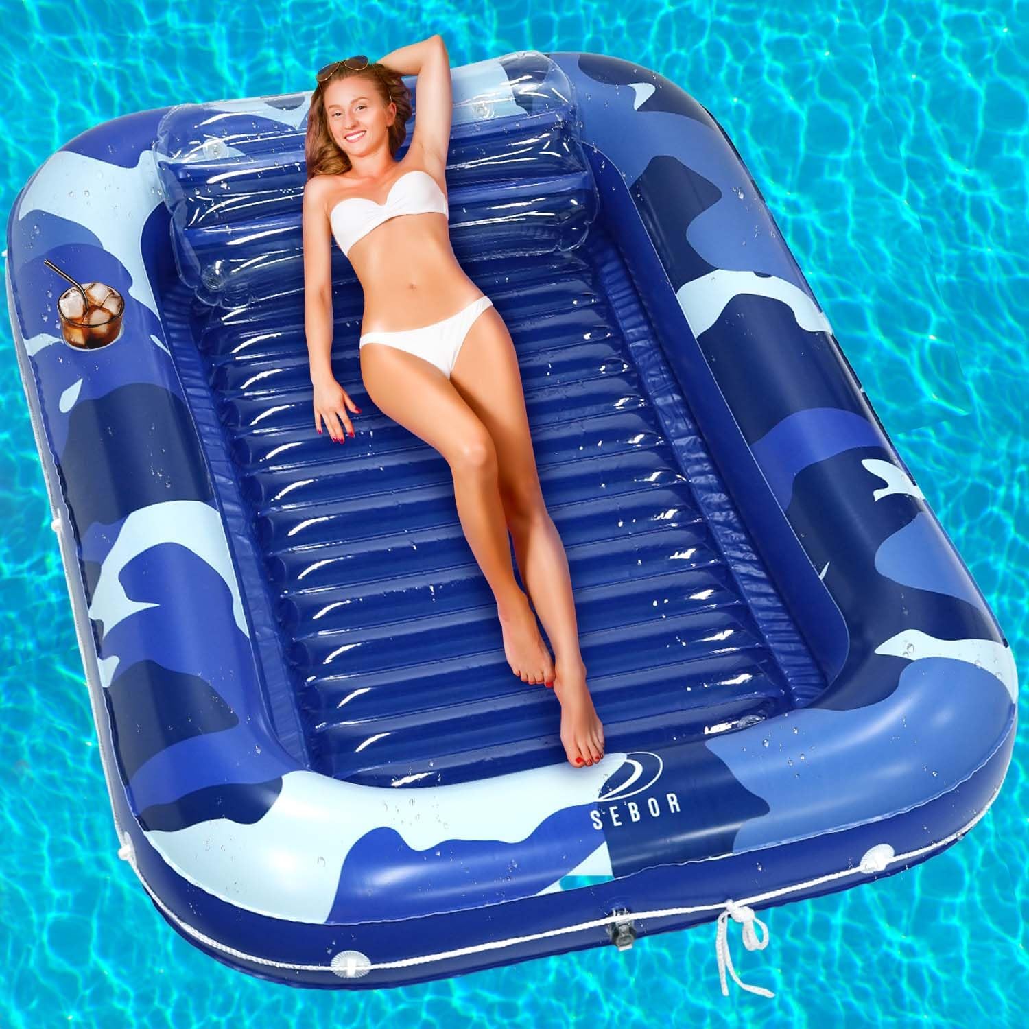 Larger Inflatable Tanning Pool Lounger Float, Heavy Duty 76 x 57 Thicken Suntan Tub Pool Floats with Removable Backrest & Cupholder, Navy Blue