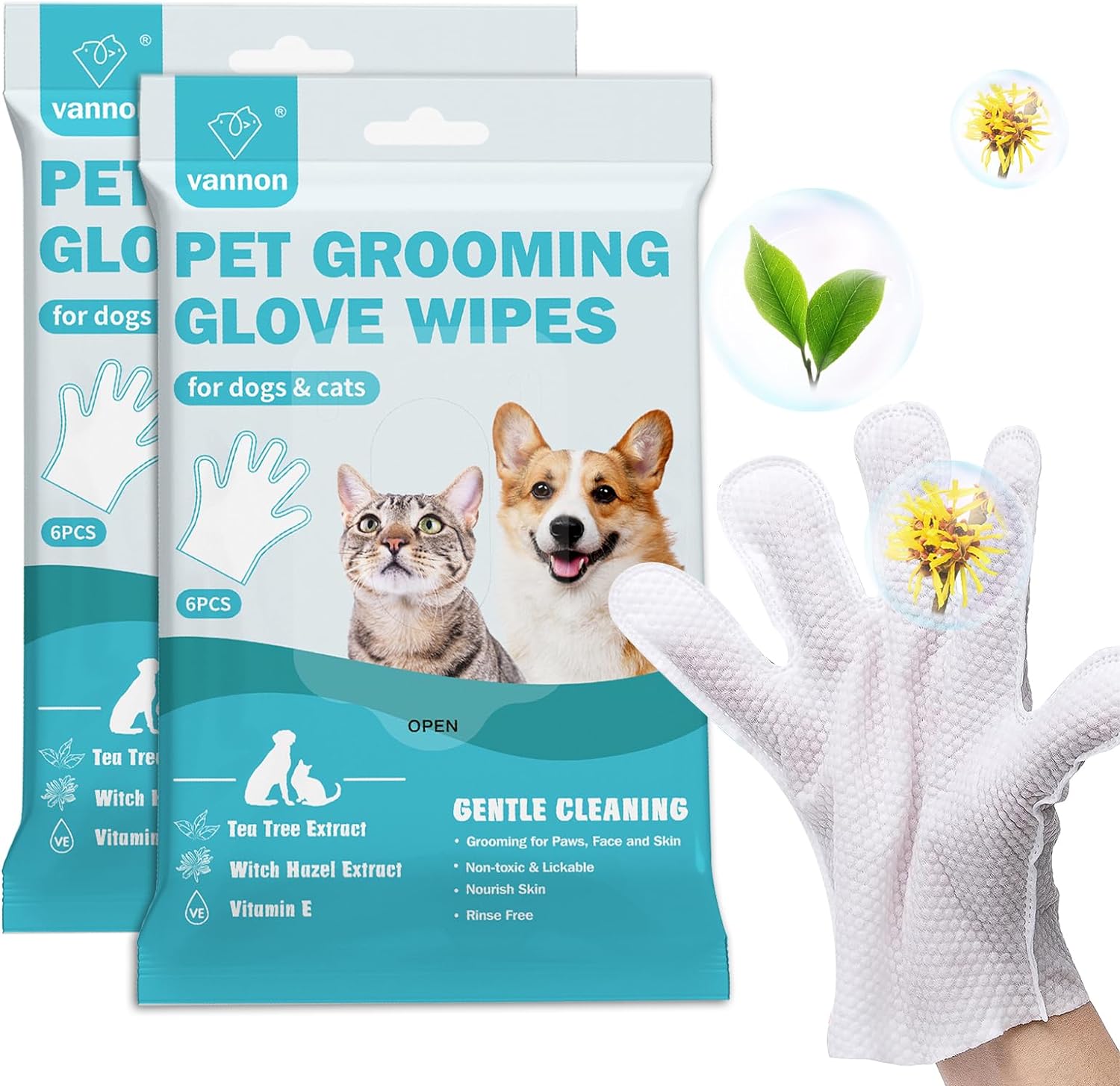 Pet Bathing Wipes for Dogs & Cats, Cleaning & Deodorizing Grooming Gloves, Nourish Fur Glove Wipes for Daily Care and Traveling, Rinse Free2 Pack, 12 PCS