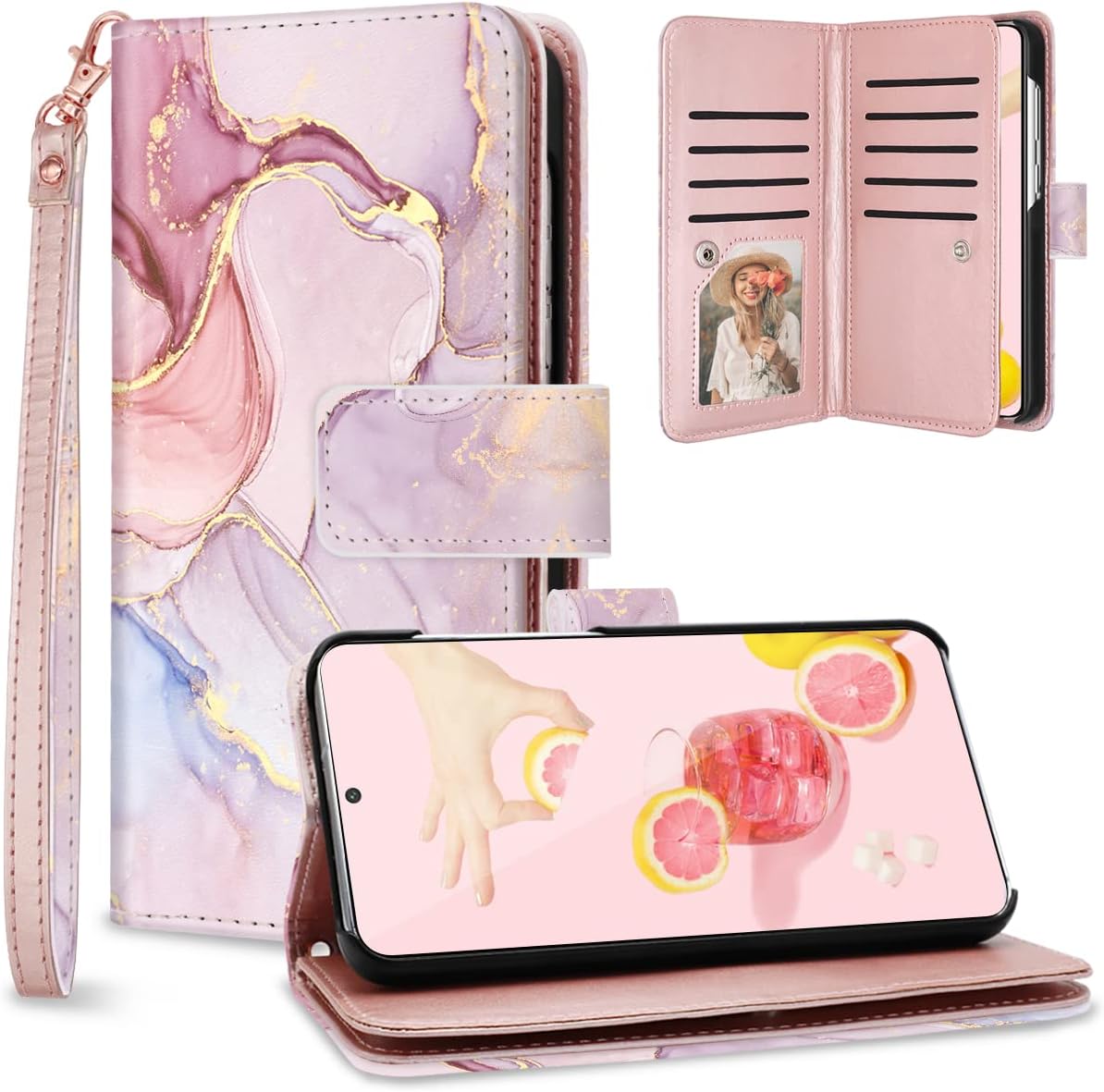 Fingic Galaxy S23 Wallet Case, 9 Card Holder, Rose Gold Marble PU Leather with Detachable Wrist Strap for Women & Girls (6.1 inch)