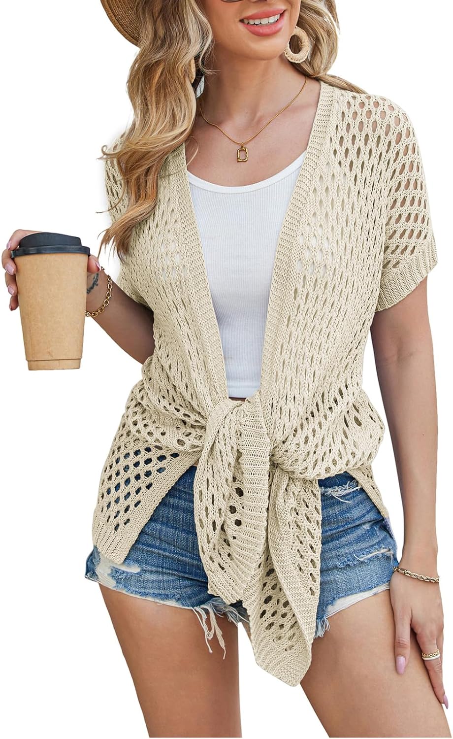 GRACE KARIN Mesh Cardigan Sweaters for Women Crochet Short Sleeve Open-Front Long Cardigan Cover ups Knitted Sheer Tops