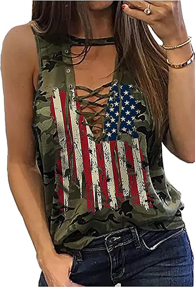 American Flag Lace Up Tank Tops for Women 4th of July Shirts Sleeveless Stars Stripes US Flag Patriotic Tee Tops