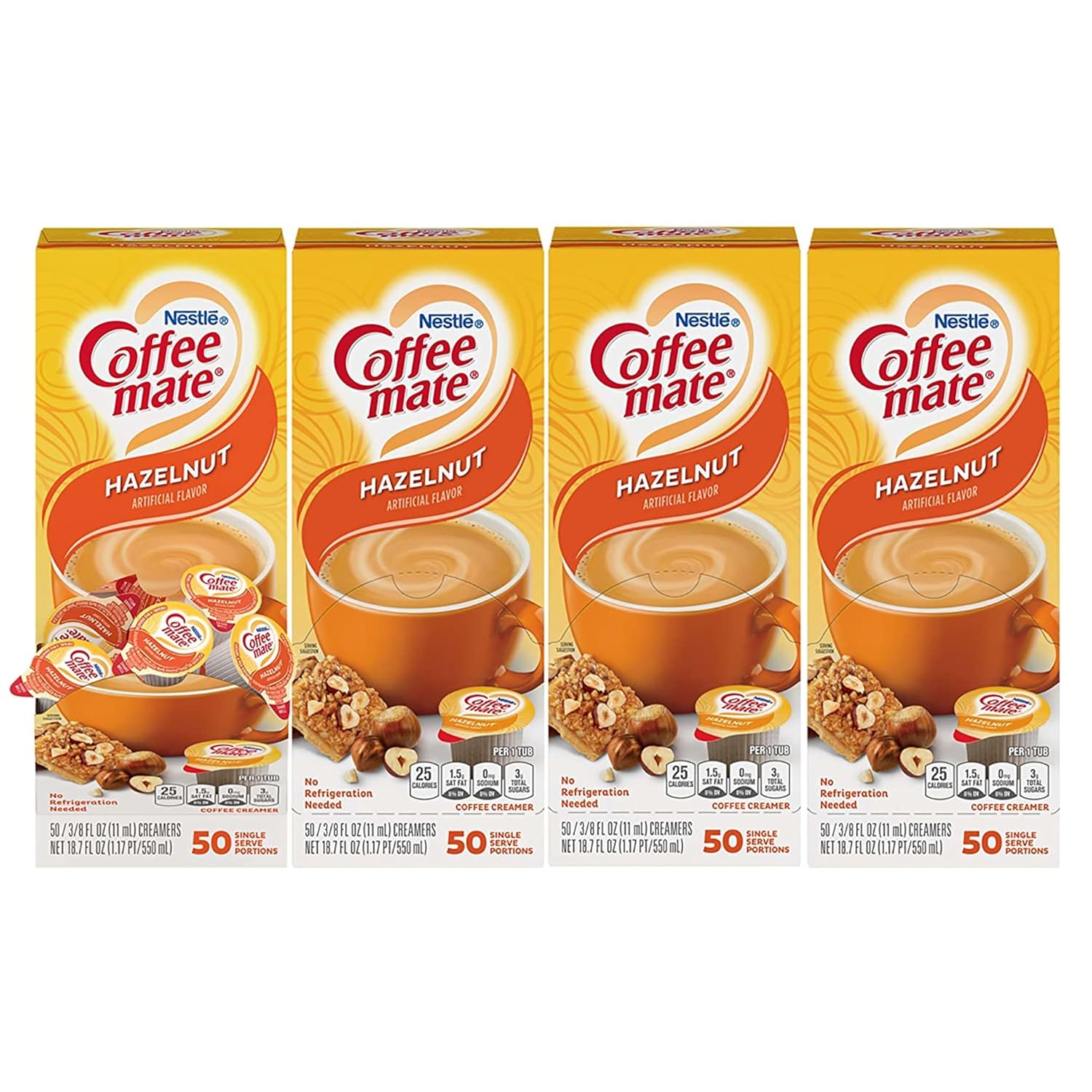 Nestle Coffee Mate Coffee Creamer, Hazelnut, Liquid Creamer Singles, Non Dairy, No Refrigeration, Box of 50 Singles (Pack of 4)