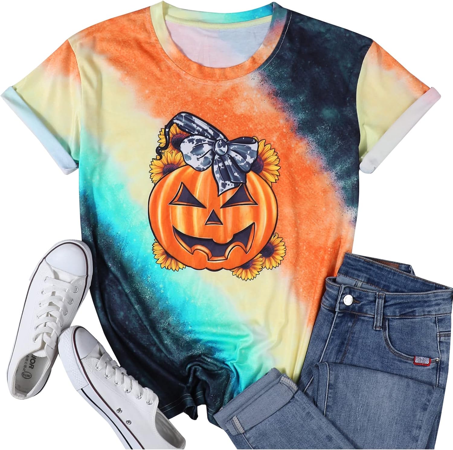 ALLTB Halloween Shirts for Women Pumpkin Novelty Graphic T-Shirts Party Casual V Neck Long Sleeve Tops