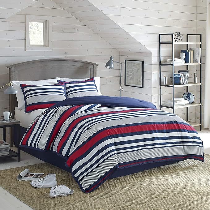 Izod 1C96345 Varsity Striped Pattern Bedding Machine Washable Comforter Set, Full, Blue