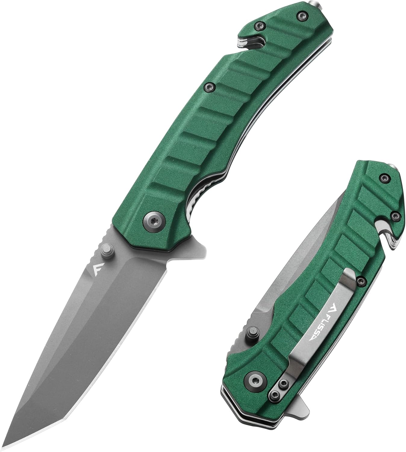 FLISSA Folding Pocket Knife, Tactical Knife with Liner Lock, Tanto Blade, Pocket Clip, Glass Breaker, Seatbelt Cutter, Perfect for Hunting, Camping, Survival (Green)