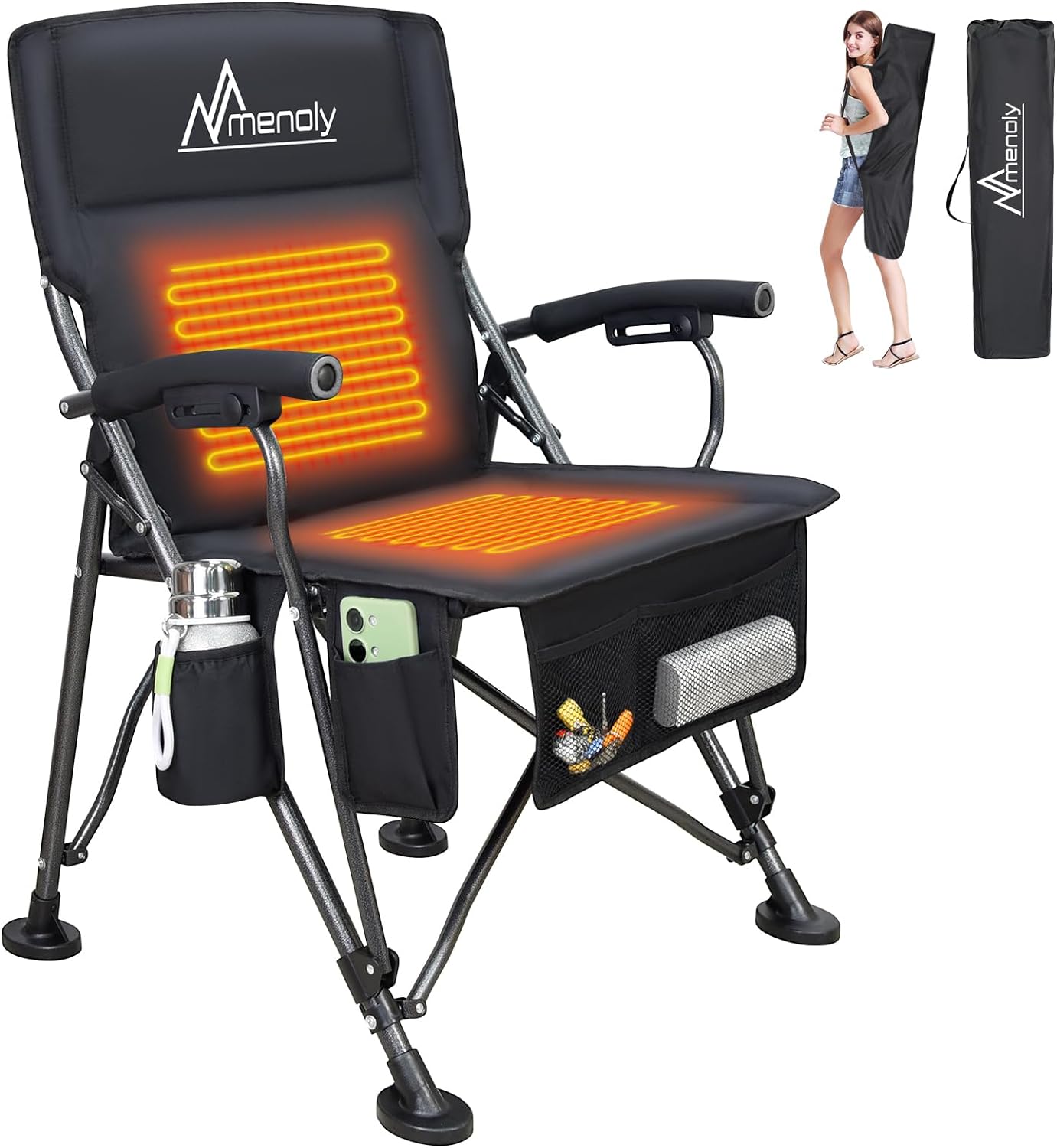 MENOLY Heated Camping Chair, Portable Heated Folding Chair, Heated Seat and Back Chair with Cup Holder, 4 Large Pockets for Outdoor Activities, 3 Heat Levels, Supports 300lbs, Battery NOT Include