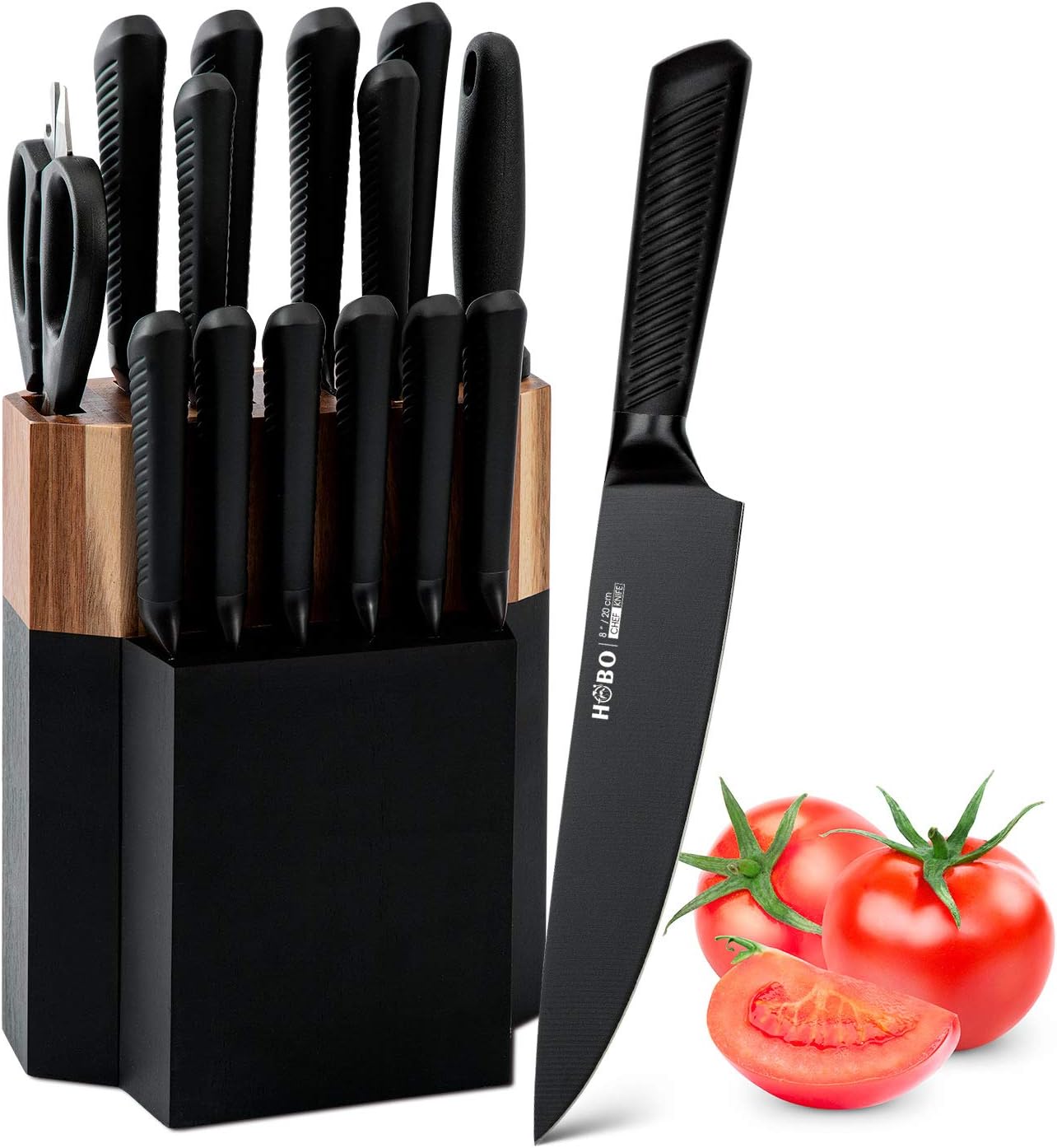 Knife Block Set, 15 Piece Kitchen Knife Set with 6 Steak Knife Set with Sharpener Chef Knife High German Carbon Stainless Steel Knife with Wooden Block Bread Knife Boxed