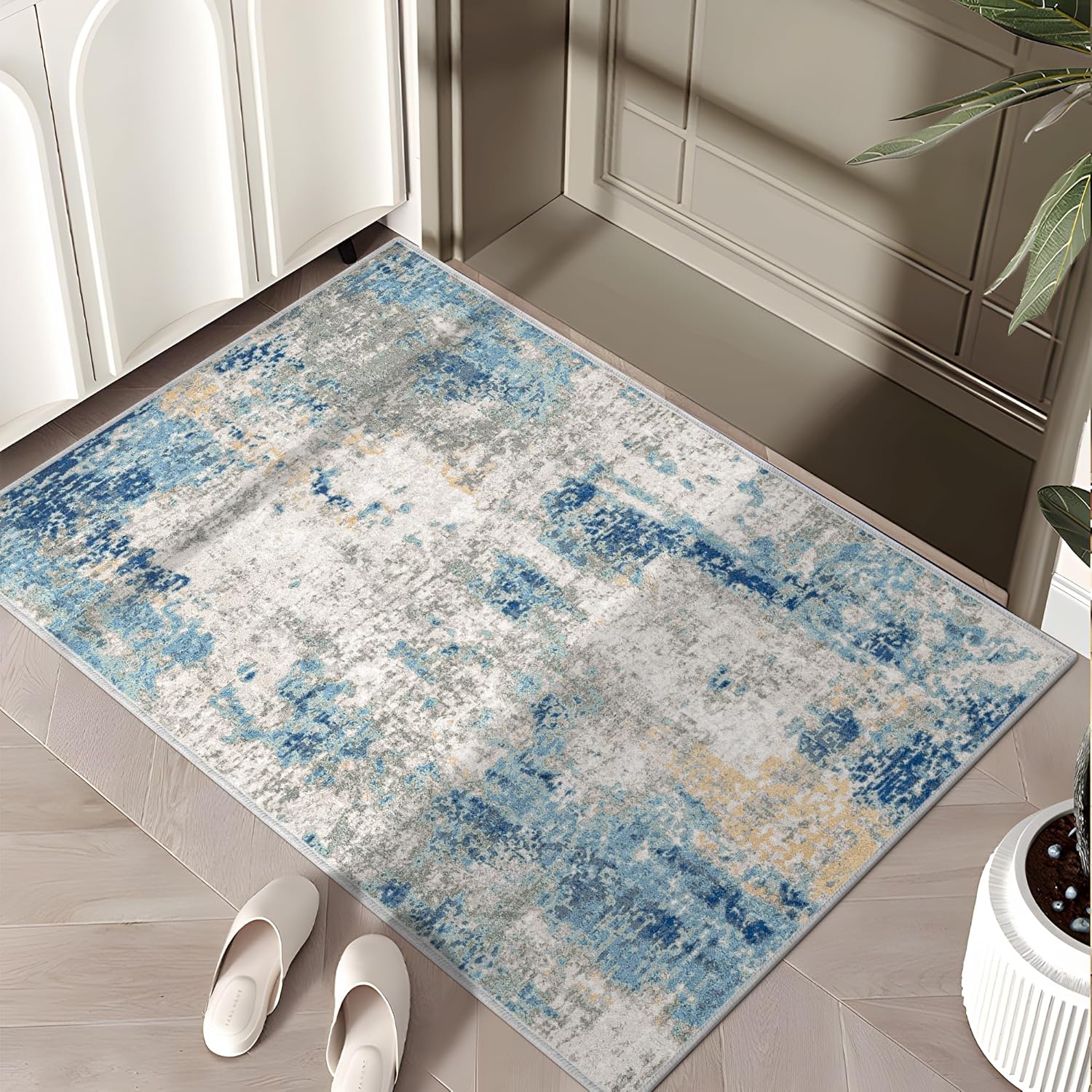 Deerly Modern Abstract Area Rug 2x3 Small Area Rug Entryway Rugs Soft Washable Rug Non-Slip Contemporary Bathroom Doormat Indoor Carpet for Living Room Kitchen Bathroom, Blue/Grey/Ivory