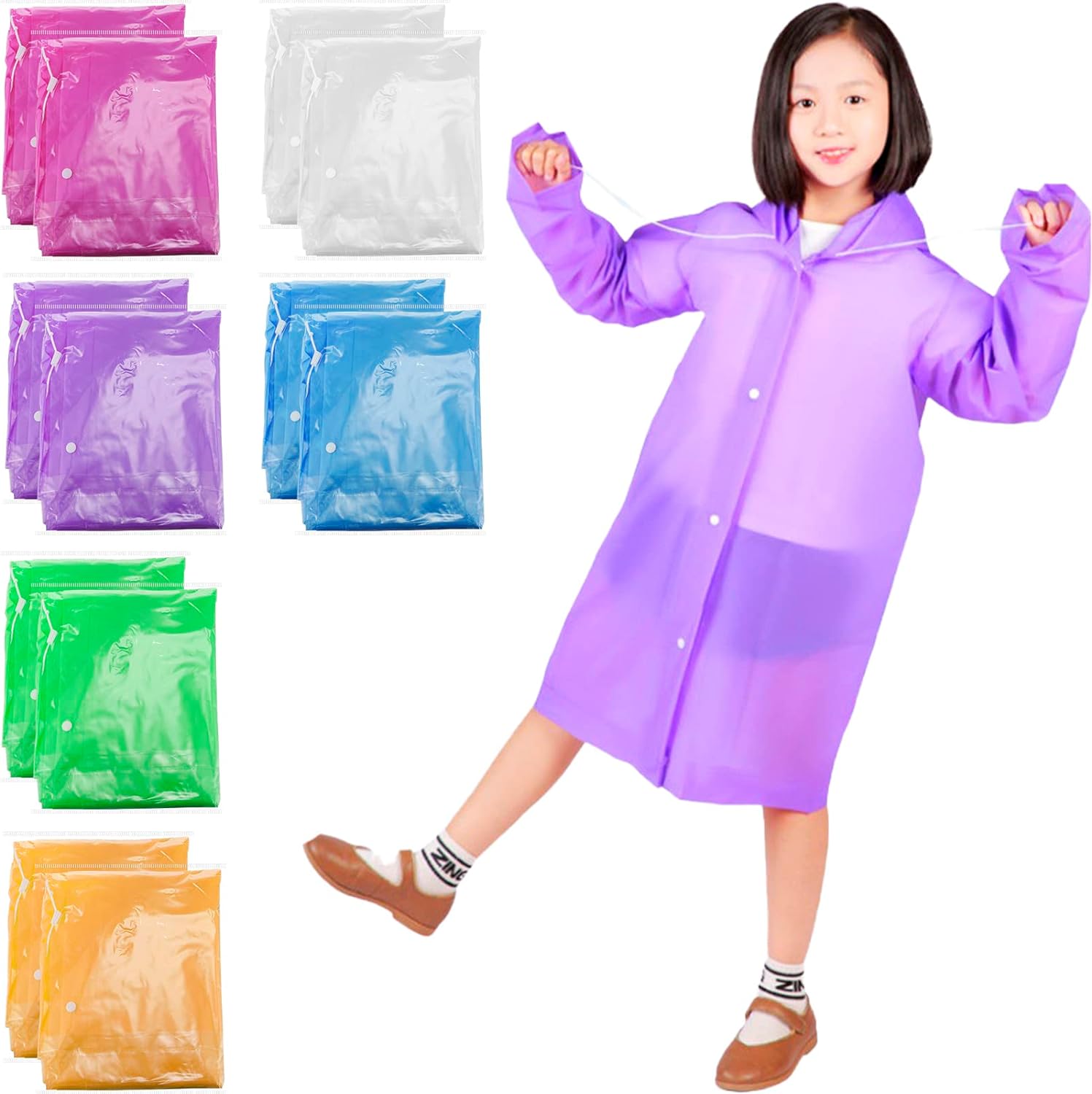 12 Pieces EVA Kids Poncho Reusable Rain Coat Waterproof Kids Raincoat for 5-12 Years Old Boys and Girls for Camping Hiking Traveling Backpacking, 6 Colors