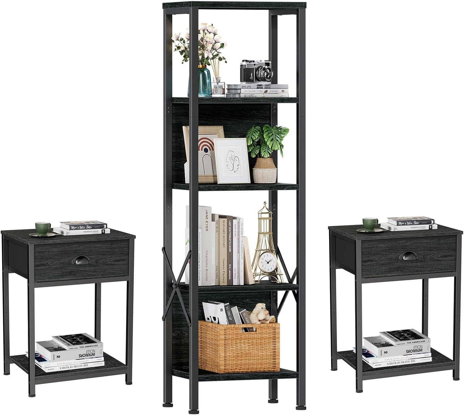 Furologee+Black+Bookshelf+and+Nightstands+Set+of+2%2c+Tall+Narrow+Bookcase+with+Back%2c+Industrial+End+Table+with+Fabric+Drawer%2c+Display+Standing+Shelf+Units%2c+Bed+Side+Tables+for+Living+Room%2c+Bedroom