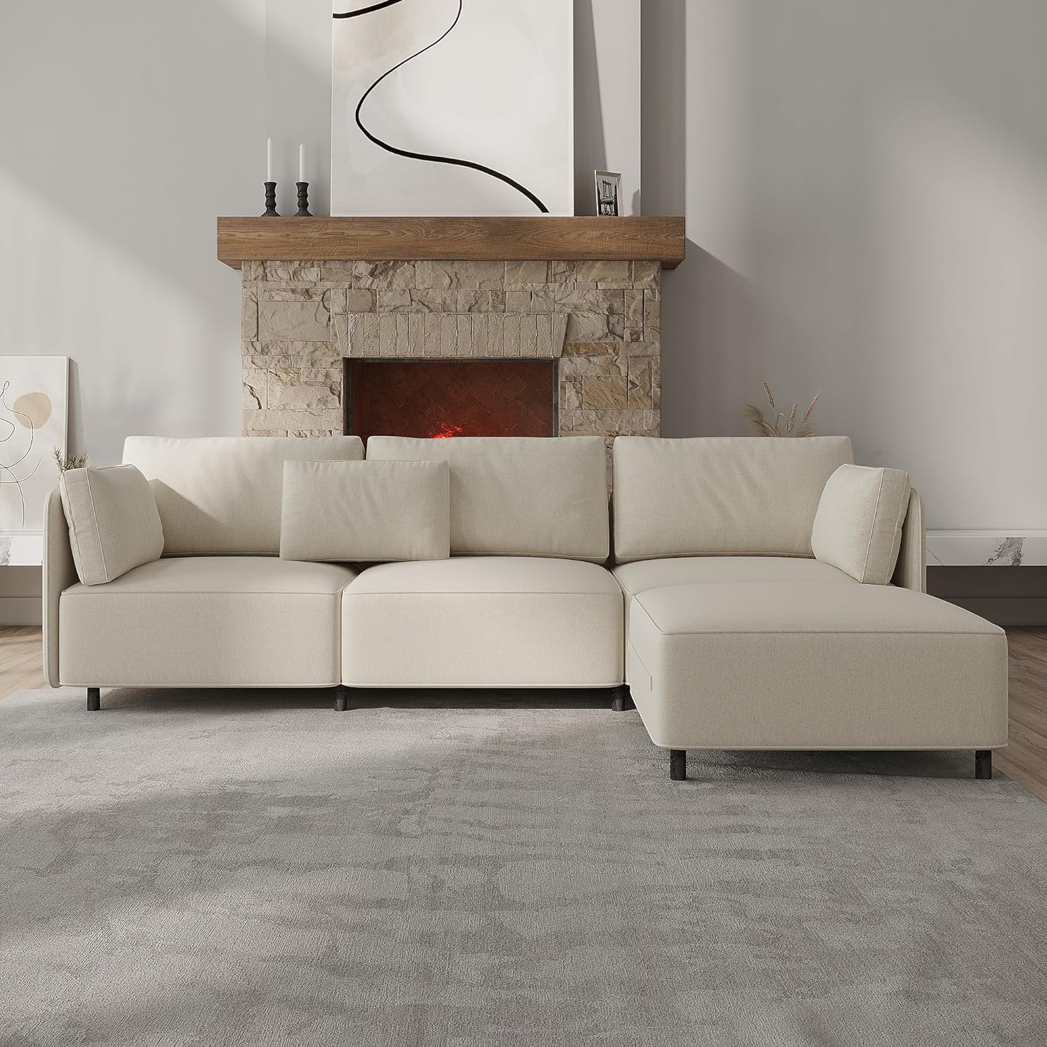 Acanva+Convertible+Modular+Sectional+Sofa+for+Living+Room%2c+Free-Combination+Armchair+Loveseat+with+Removable+Backrest%2c+L+Shaped+Couch%2c+Cream+4+Piece+Set